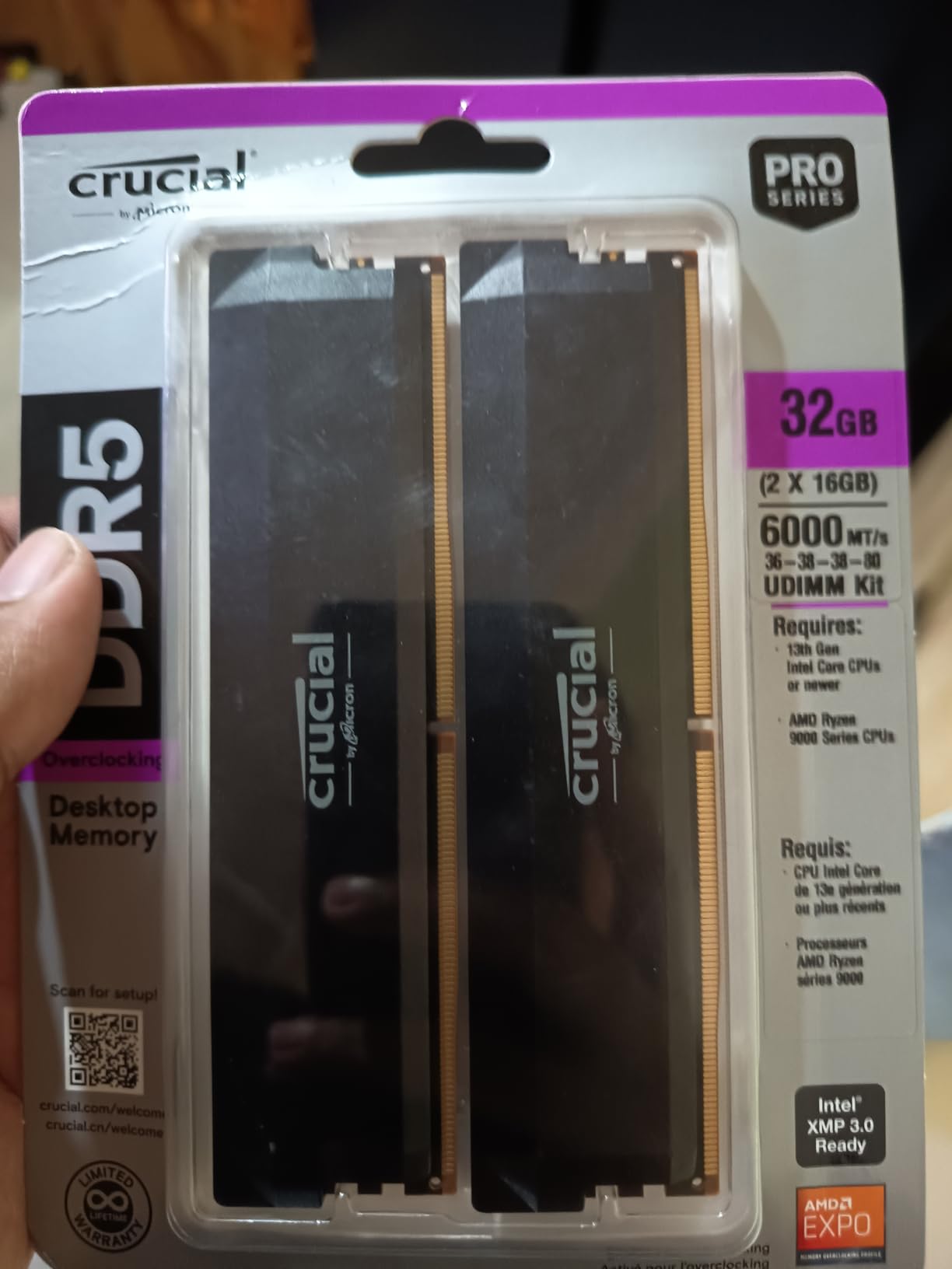 Crucial Pro 32GB DDR5 RAM Kit (2x16GB),CL36 6000MHz, Overclocking Desktop Gaming Memory, Intel XMP 3.0 & AMD Expo Compatible, Black - CP2K16G60C36U5B - Customer Photo 1