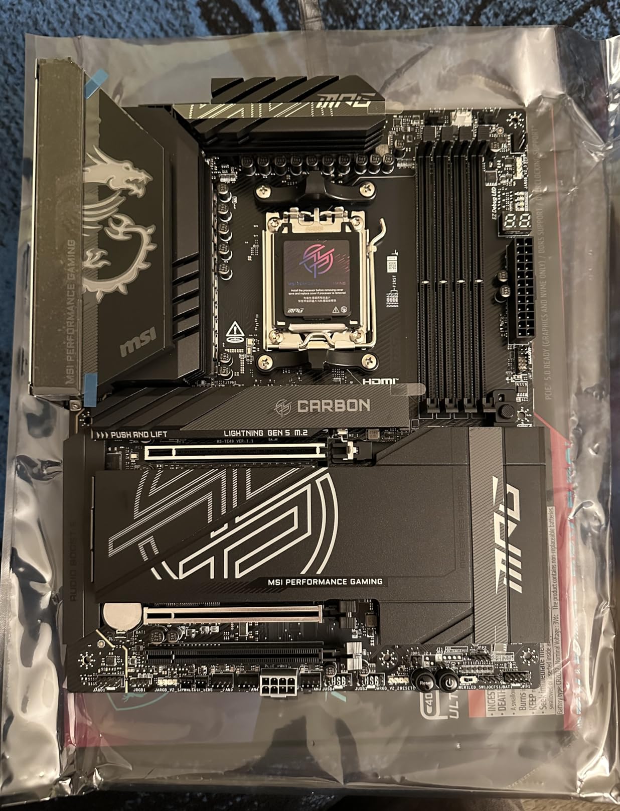 MSI MPG X870E Carbon WiFi Gaming Motherboard (AMD Ryzen 9000/8000/7000 Series Processors, AM5, DDR5, PCIe 5.0, M.2 Gen5, SATA 6Gb/s, USB 40Gbps, HDMI, Wi-Fi 7, Bluetooth 5.4, 5Gbps LAN, ATX) - Customer Photo 1