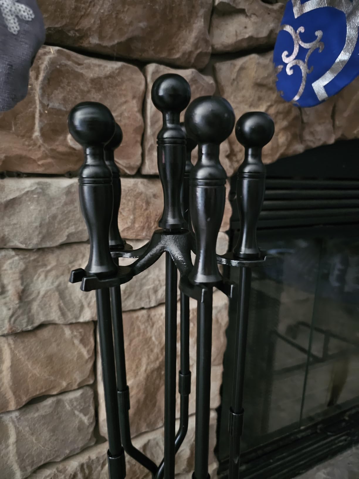 AMAGABELI Garden & Home 5 Pcs Fireplace Tools Set 31 Inch Indoor Black Handle Wrought Iron Large Fire Tool Accessories Set Holder Outdoor Fireset Modern Fire Pit Stand with Poker Brush Shovel Tong customer photo 2