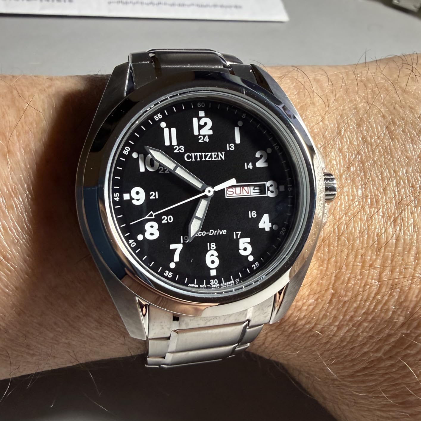 Citizen Men's Eco-Drive Weekender Garrison Field Watch in Stainless Steel, Black Dial, Arabic Markers, Luminous, 43mm (Model: AW0050-82E) customer photo 1