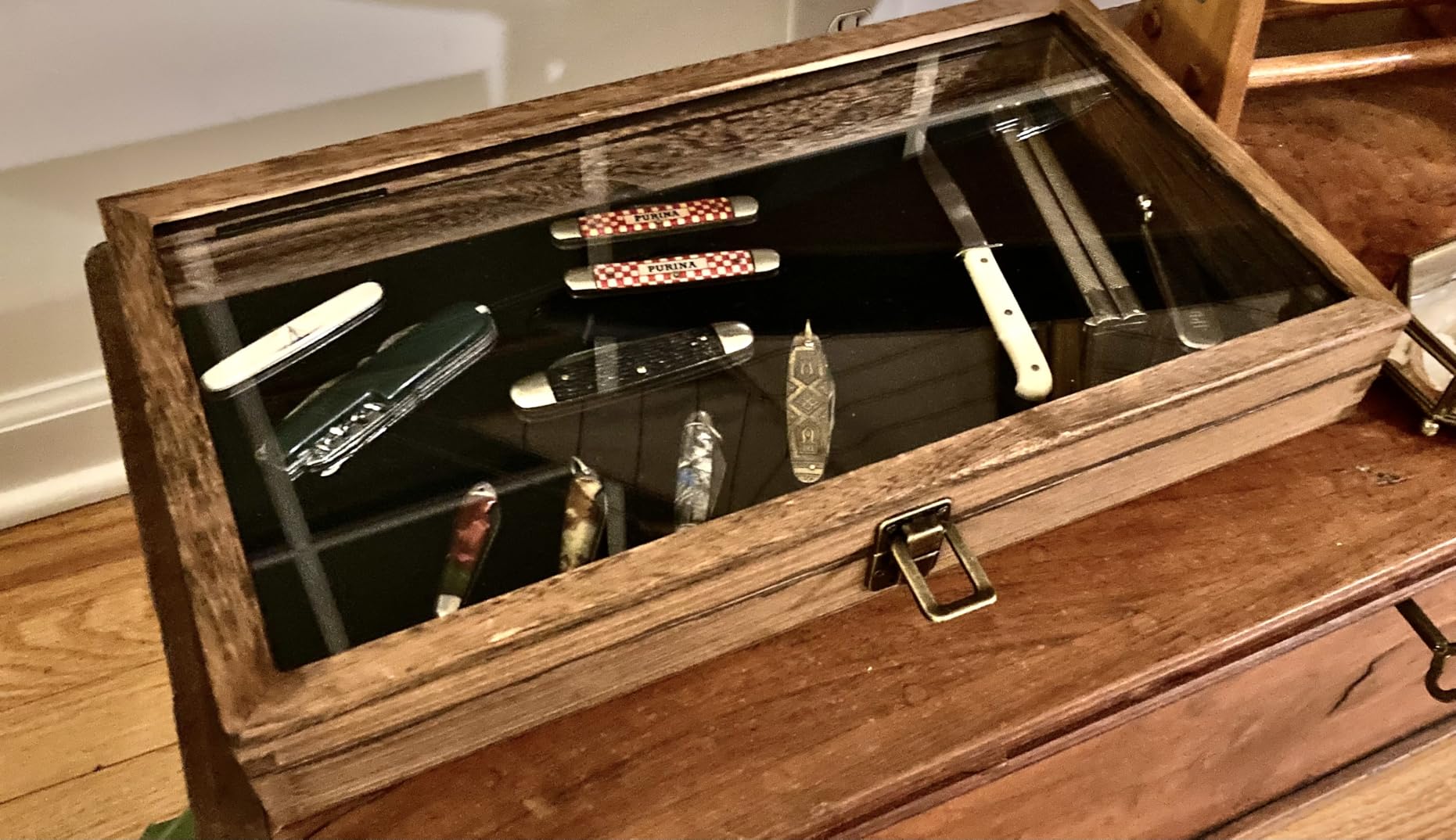 MOOCA Wood Jewelry Display Case with Tempered Glass Top, Black Velvet Pad | Wood display case with a glass top and removable black velvet pad accommodates taller jewelry and collectibles. customer photo 1