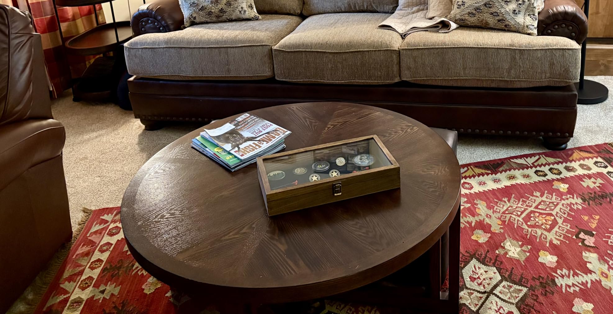 MOOCA Wood Jewelry Display Case with Tempered Glass Top, Black Velvet Pad | Wood display case with a glass top and removable black velvet pad accommodates taller jewelry and collectibles. customer photo 2