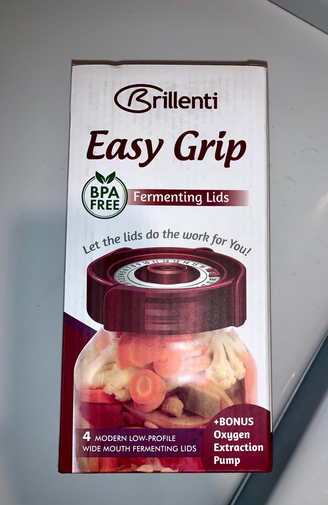 Fermenting Lids for wide mouth mason jars. 4 waterless airlock fermentation lids kit. Easy Grip fermenter lid with Oxygen Pump automatically Vents air. Tracks ferment date. (4 Lids + Pump) customer photo 2