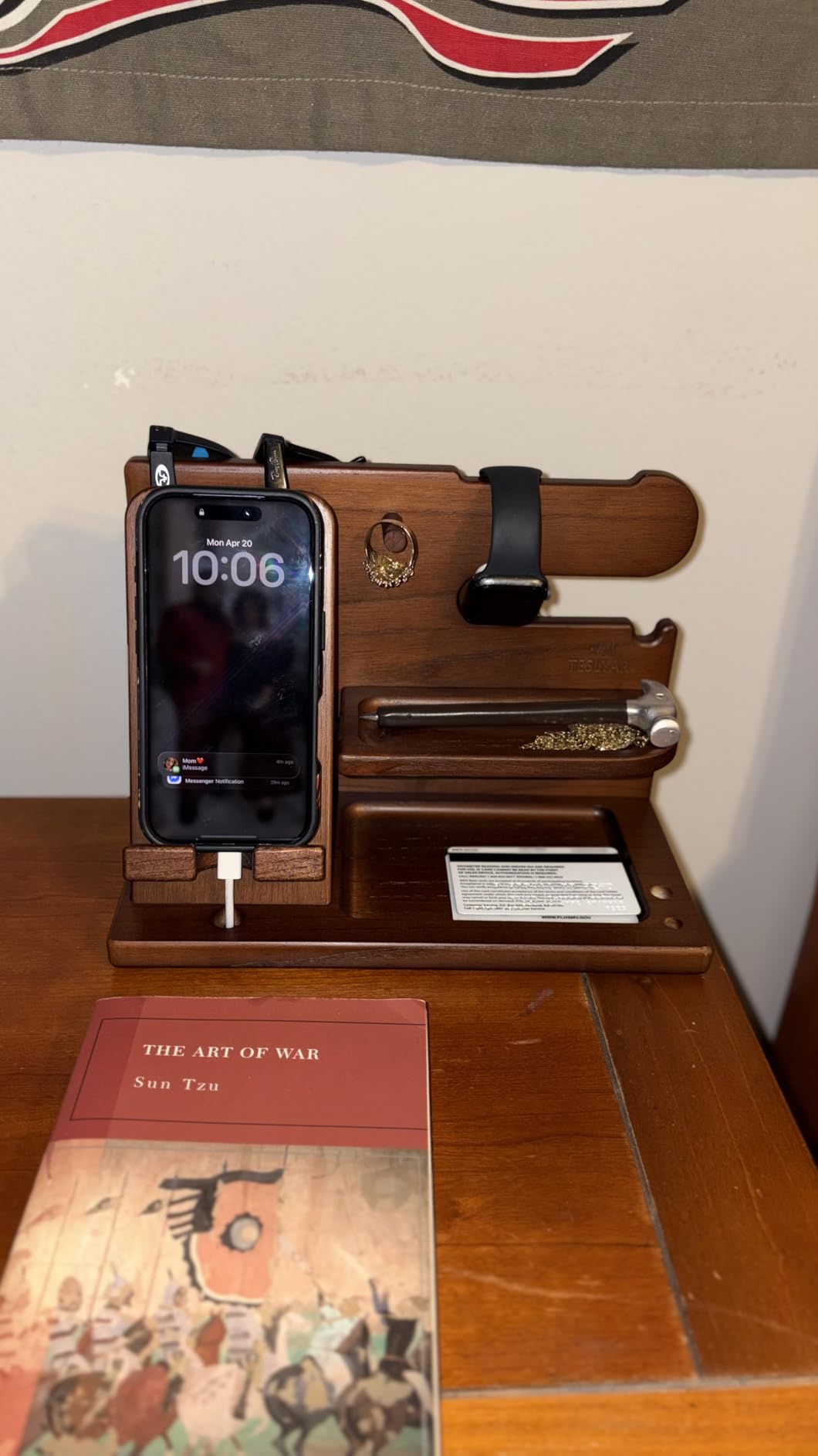 TESLYAR Wood Phone Docking Station for Men - Desk or Nightstand Organizer - Birthday Gifts for Husband, Dad - Anniversary Idea from Wife - Key Holder, Stand Wallet, Watch & Essentials (Bourbon Brown) customer photo 2