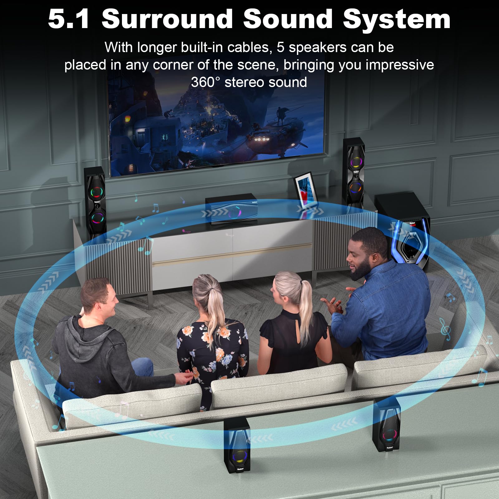 Bobtot Home Theater Systems Surround Sound Speakers - 1200 Watts 10 inch Subwoofer 5.1/2.1 Channel Audio Stereo System with ARC Optical Bluetooth Input for 4K TV Ultra HD AV DVD FM Radio USB customer photo 2
