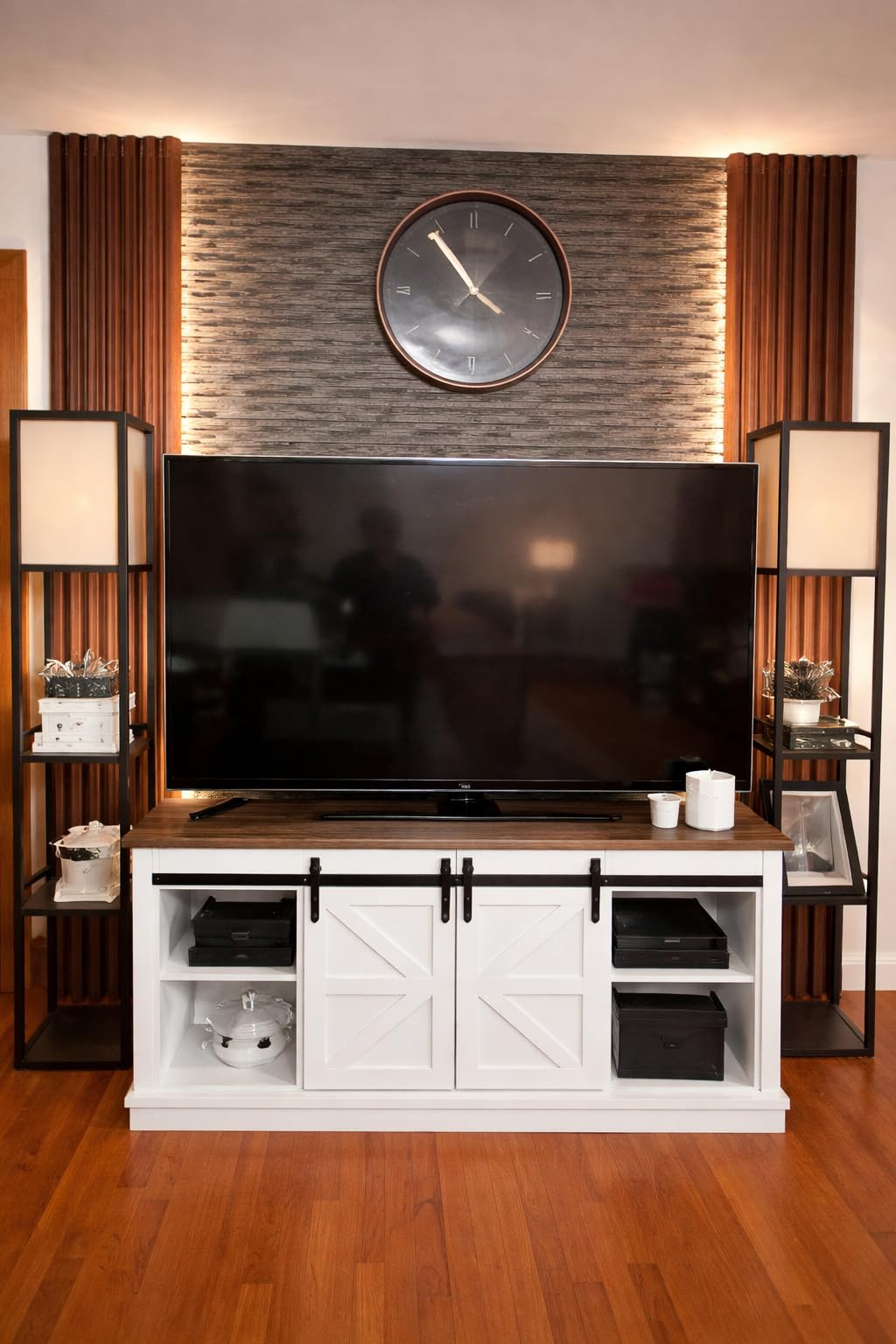JUMMICO TV Stand for 65 Inch TV, Sliding Barn Doors, Bright White | Farmhouse Entertainment Center, Storage Cabinets, Adjustable Shelves, Media Console for Living Room, Bedroom customer photo 2