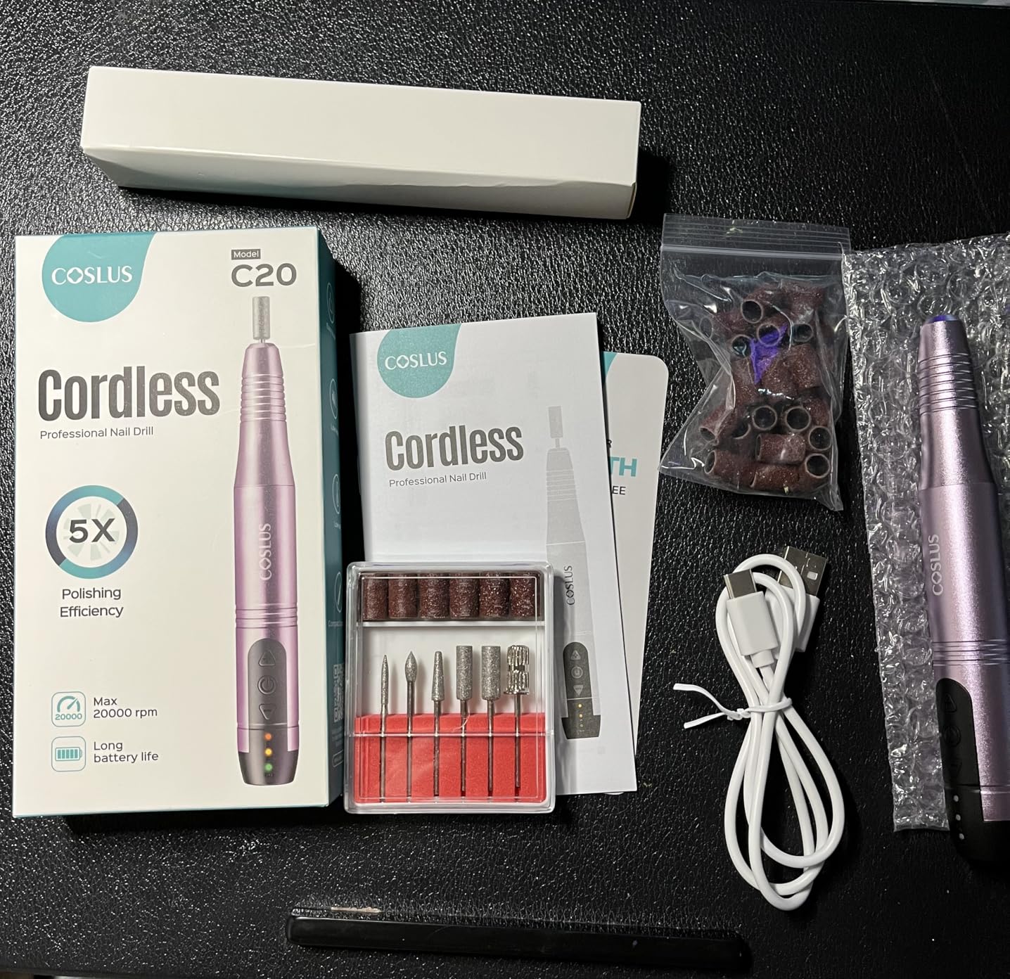 COSLUS C20 Cordless Nail Drill Electric File: Portable All-in-One Kit | Professional for Acrylic Gel Dip Powder Nails, Rechargeable Manicure & Pedicure Machine, Salon Home, Lightweight, Purple customer photo 1