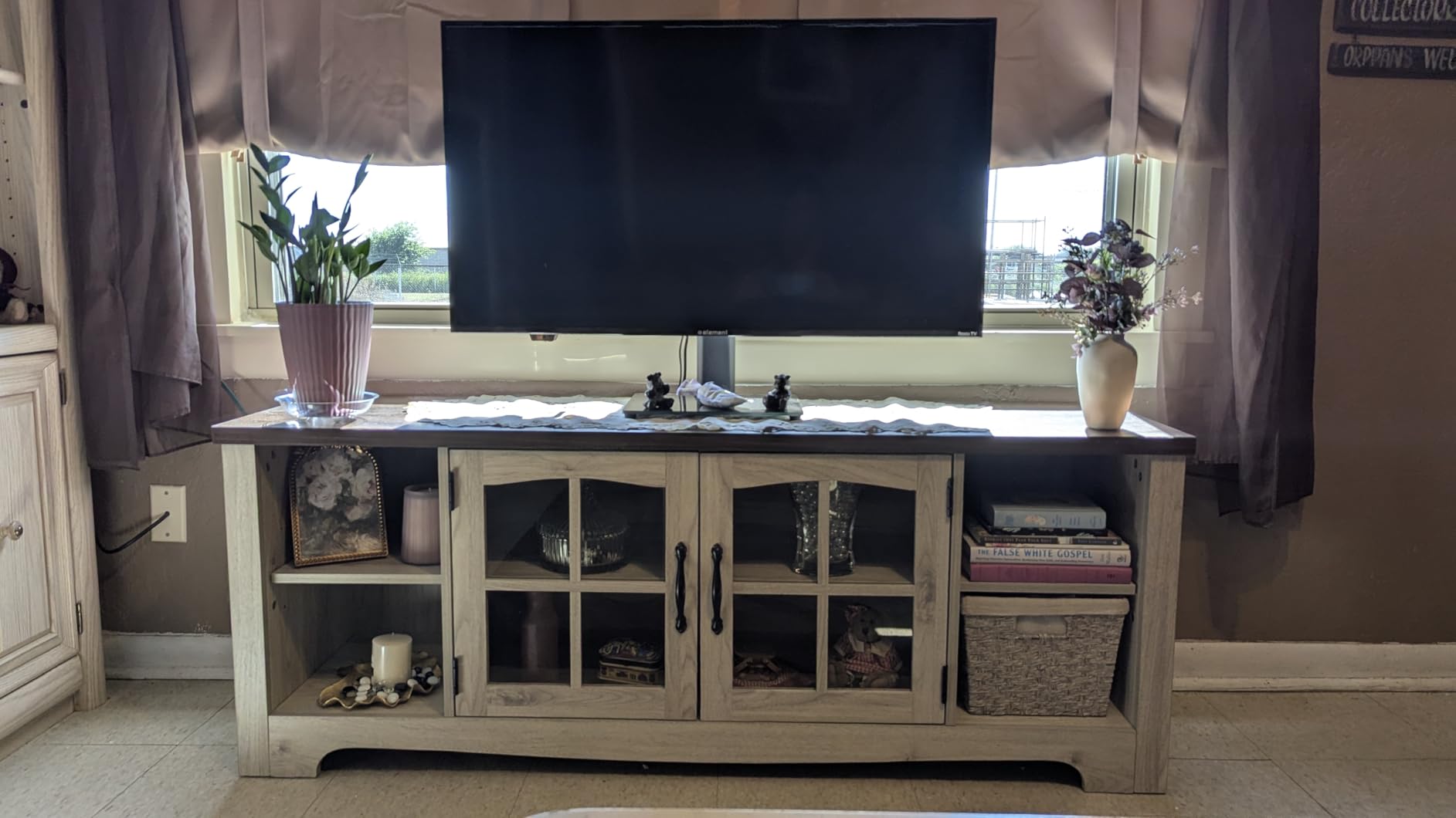 LINSY HOME Farmhouse TV Stand for 65 Inch TV, Wood Entertainment Center with Glass Door Storage Cabinet & Adjustable Shelves, Large Sturdy TV Console Table for Living Room Bedroom customer photo 1