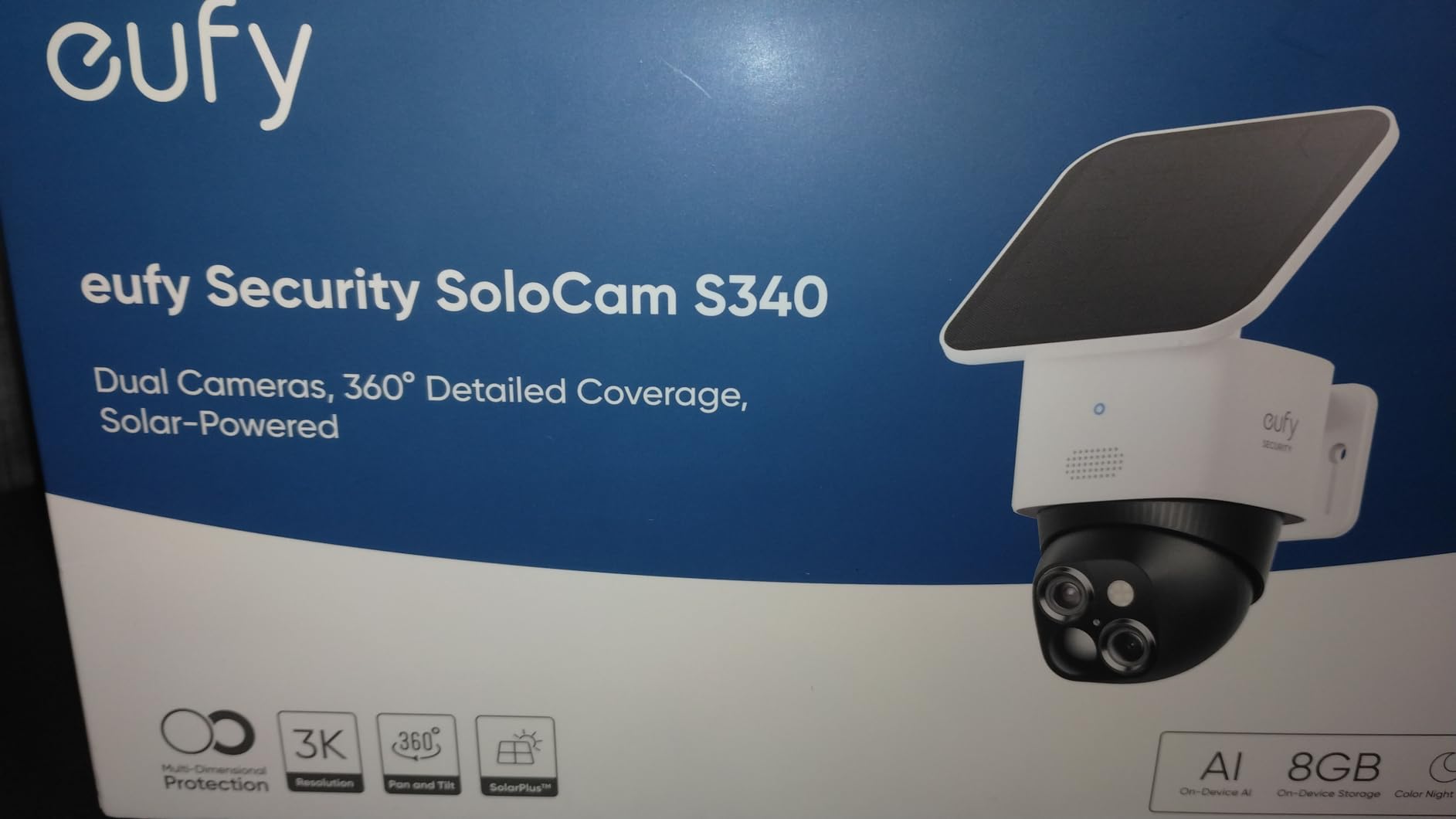 eufy Security SoloCam S340, 3K Dual-Lens Solar Security Camera | 360 Degrees Coverage, Pan & Tilt, No Blind Spots, AI Detection & Tracking, Color Night Vision, No Monthly Fee, Built-in 8GB customer photo 1