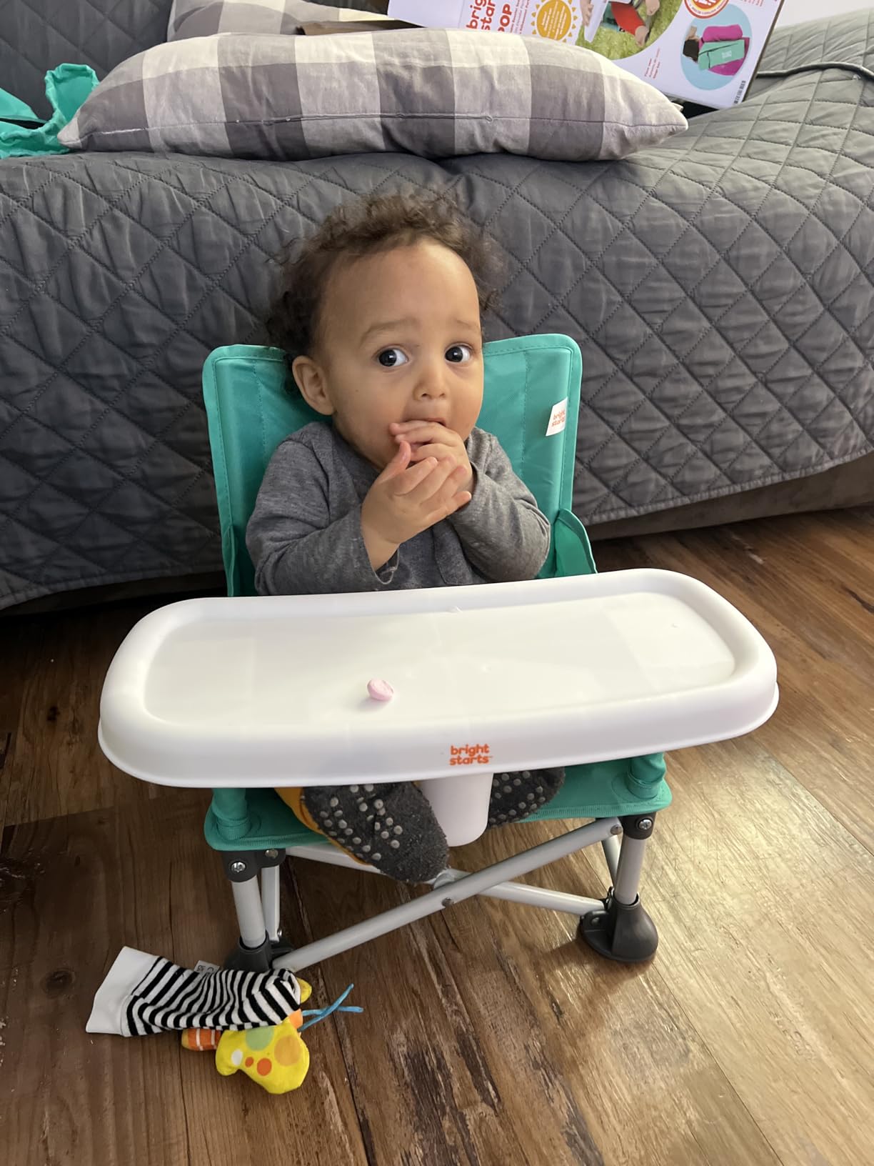 Bright Starts Pop 'N Sit Portable Booster Seat, 3-in-1 Floor Seat, Travel High Chair & Toddler Booster with Feeding Tray, Indoor/Outdoor, Grey, 6 Months-3 Years customer photo 2