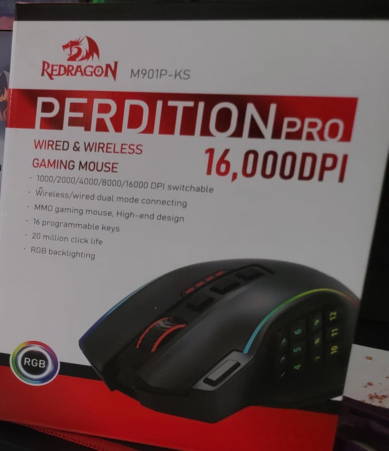 Redragon Gaming Mouse, MMO Mouse Gaming UP 12400 DPI, 19 Macro Programmable Buttons, RGB Mouse with 12 Side Buttons, 8 * 2.4g Weight Tuning for PC Laptop MOBA FPS, M901K, Black customer photo 2