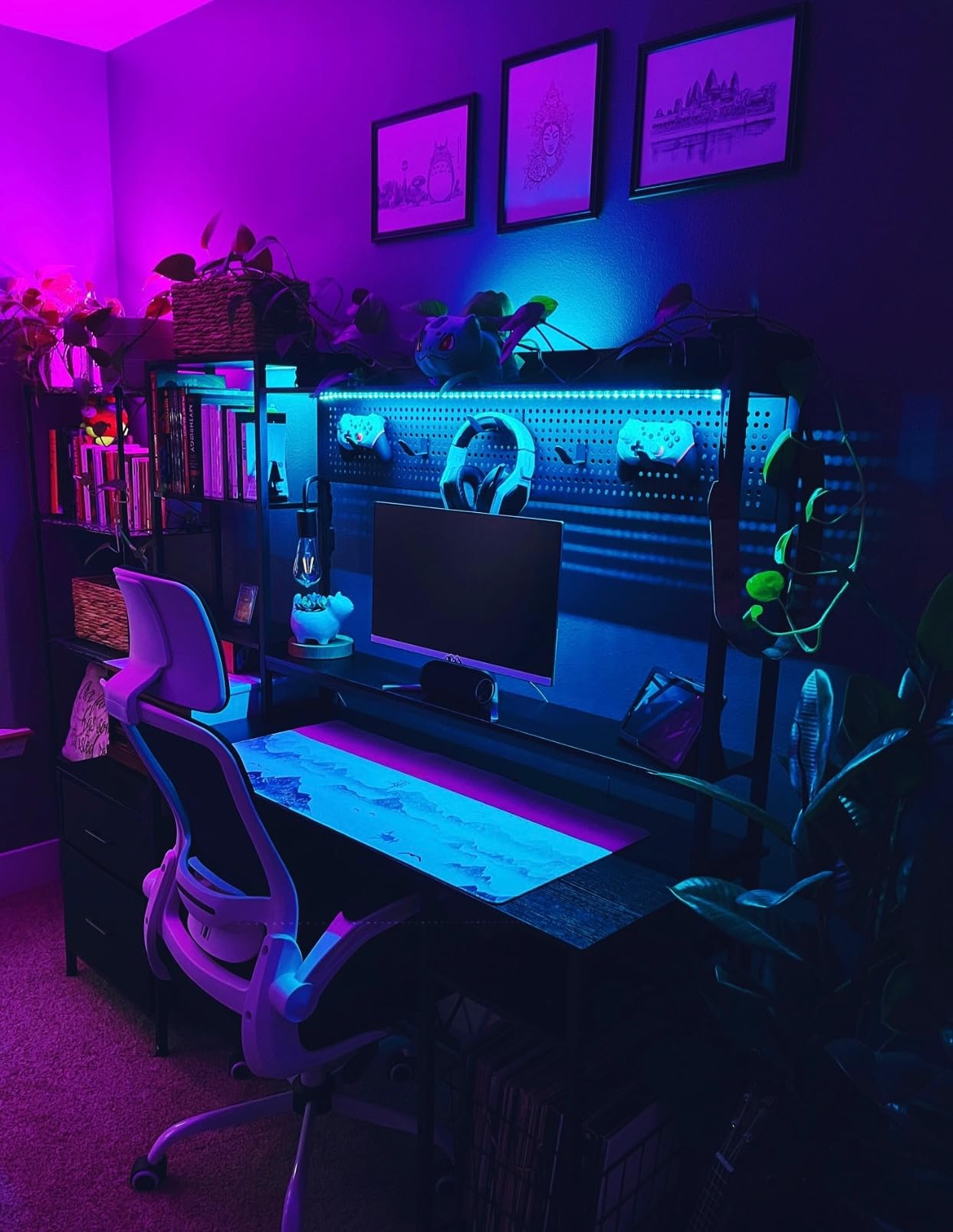 UPOSOJA Gaming Desk with Hutch, 65in Reversible Computer Desk with Power Outlets LED Light, Home Office Desk with Monitor Stand 2 Drawers 4 Storage Shelves Pegboard 8 Hooks Mouse Pad (Black) customer photo 1