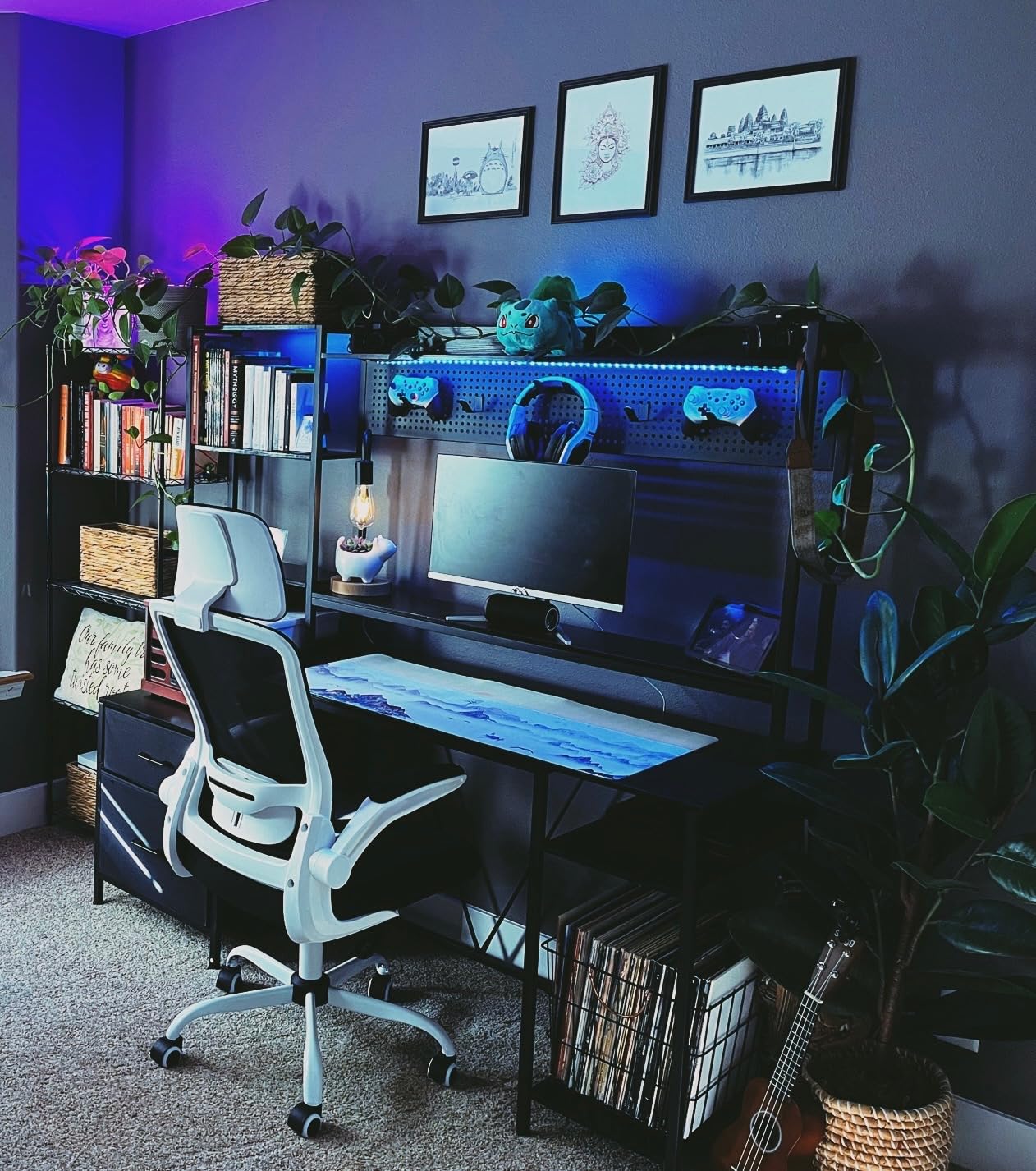 UPOSOJA Gaming Desk with Hutch, 65in Reversible Computer Desk with Power Outlets LED Light, Home Office Desk with Monitor Stand 2 Drawers 4 Storage Shelves Pegboard 8 Hooks Mouse Pad (Black) customer photo 2