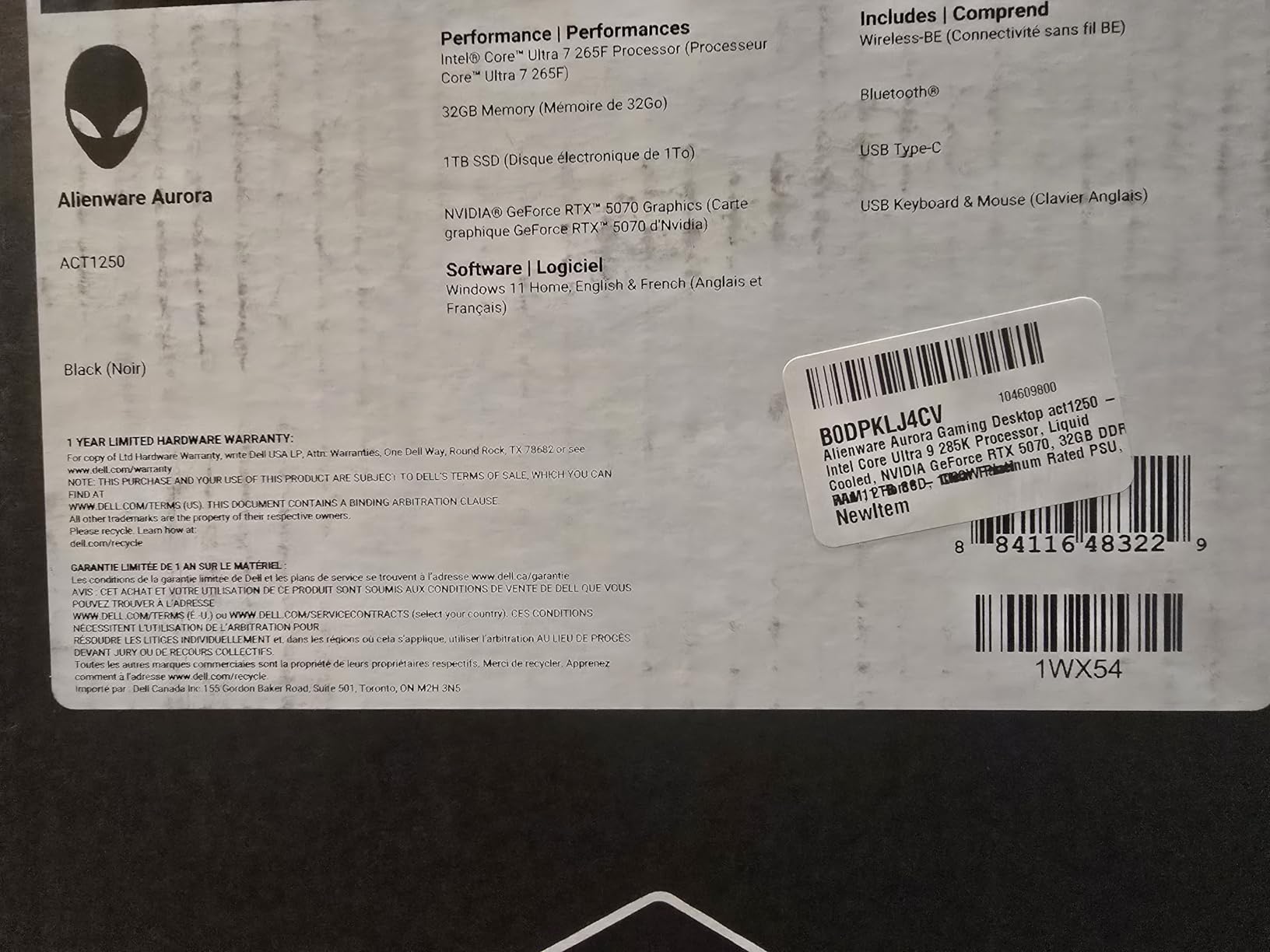Alienware Aurora Gaming Desktop ACT1250 - Intel Core Ultra 7 265F, 32GB DDR5 RAM, 1TB SSD, NVIDIA GeForce RTX 5070, 1000W Platinum PSU, Windows 11 Home customer photo 1