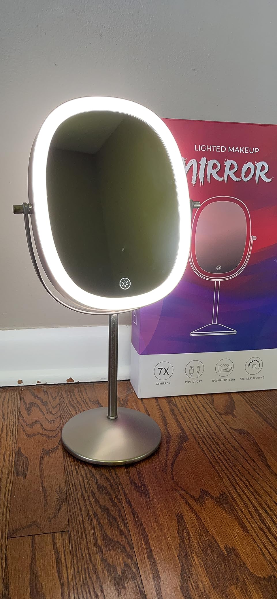 FUNTOUCH 30X/1X Wall Mounted Lighted Makeup Mirror, 5000mAh Rechargeable Oval Double Sided Touch Switch Magnifying Mirror with Light, 3 Color Setting, Extended Arm 360°Swivel Foldable, Black customer photo 2