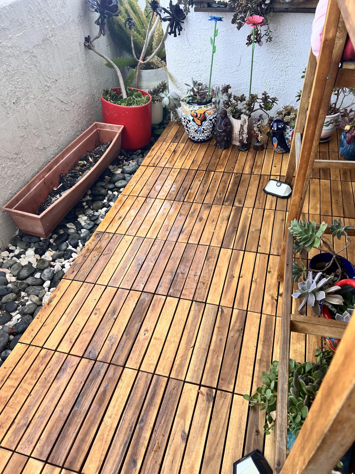 9Pcs Premium Acacia Wood Interlocking Patio Deck Tiles, 12 x 12 x 0.9 Inch Outdoor Flooring, Waterproof for All-Weather Use - Striped, Golden Teak customer photo 1