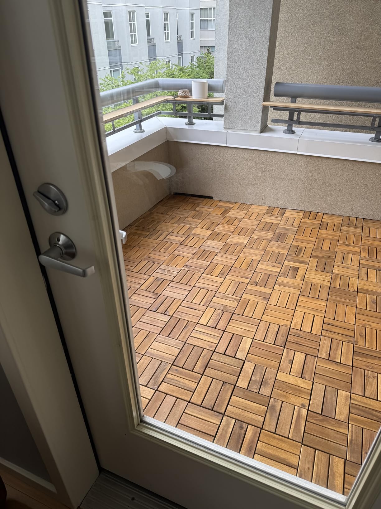 9Pcs Premium Acacia Wood Interlocking Patio Deck Tiles, 12 x 12 x 0.9 Inch Outdoor Flooring, Waterproof for All-Weather Use - Striped, Golden Teak customer photo 2