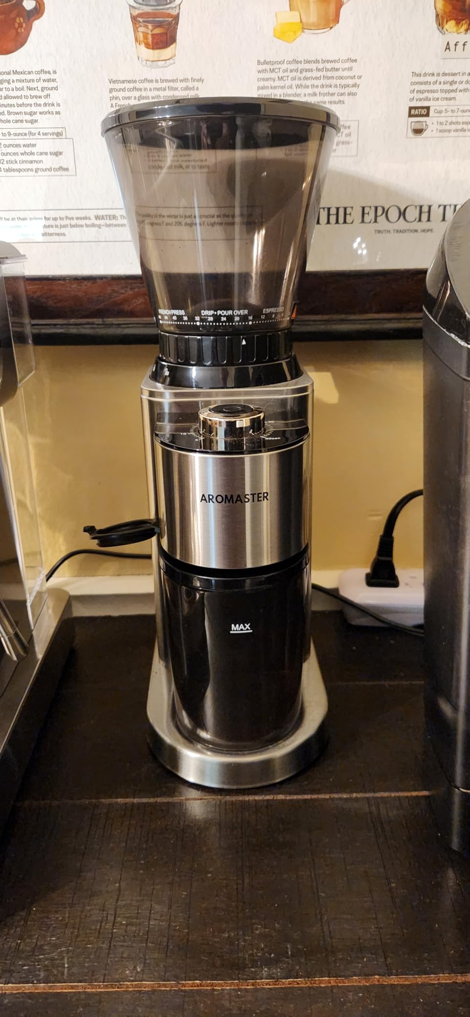 Aromaster Conical Coffee Bean Grinder with 48 Grind Settings, Burr Coffee Grinder for Home Use, Stainless Steel, 40 Seconds Adjustable Timer, Anti-static, Easy to Clean with Brush, Classic Silver customer photo 1