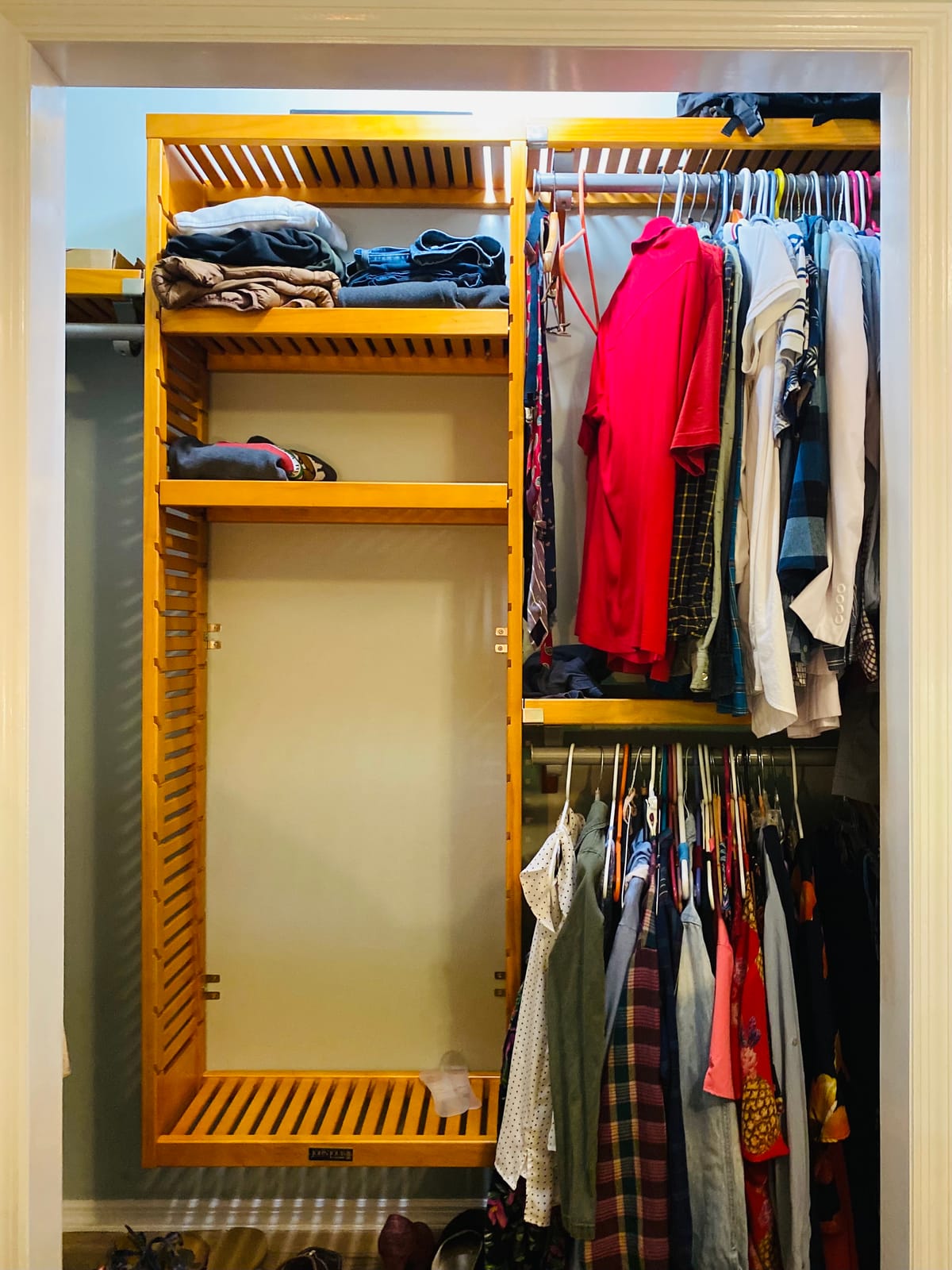Wood Closet Organizer System with Shelves & Hanging Rods - Wall Mounted Reach-in - Honey Maple Finish customer photo 1