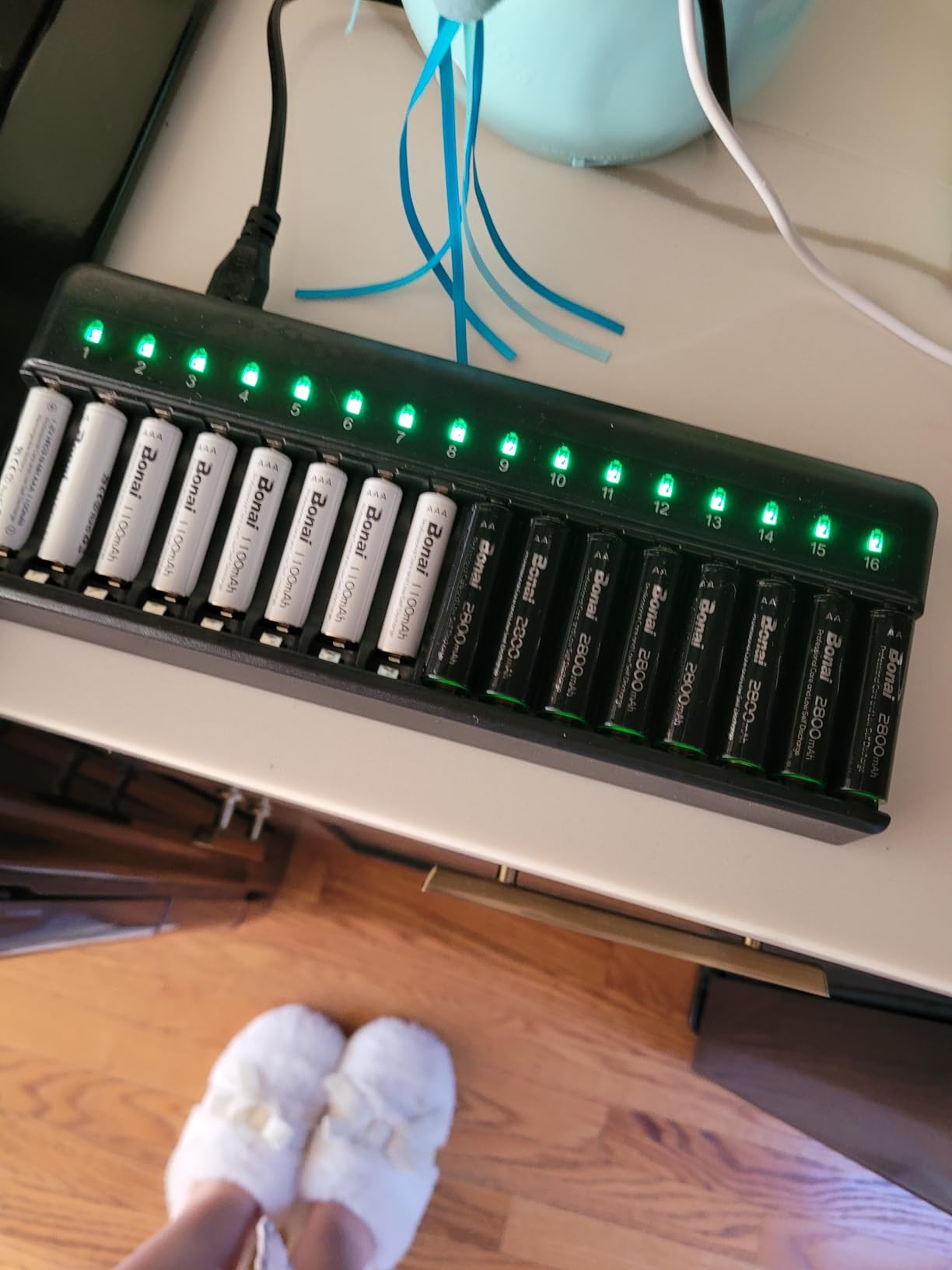 BONAI AA AAA Battery Charger 16 Bay for NiMH Rechargeable Batteries Independent Control with LED Light and Standard American AC Charging Plug, Battery not Included - Black customer photo 1