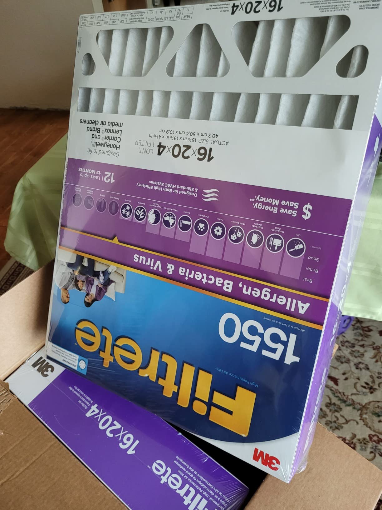 Filtrete 16x25x4 Air Filter MERV 12, MPR 1550 Certified Asthma & Allergy Friendly 2-Pack, Fits Lennox & Honeywell, AC Furnace HVAC Filters, Pleated Electrostatic (Actual Size 15.88x24.56x4.31 in) customer photo 1