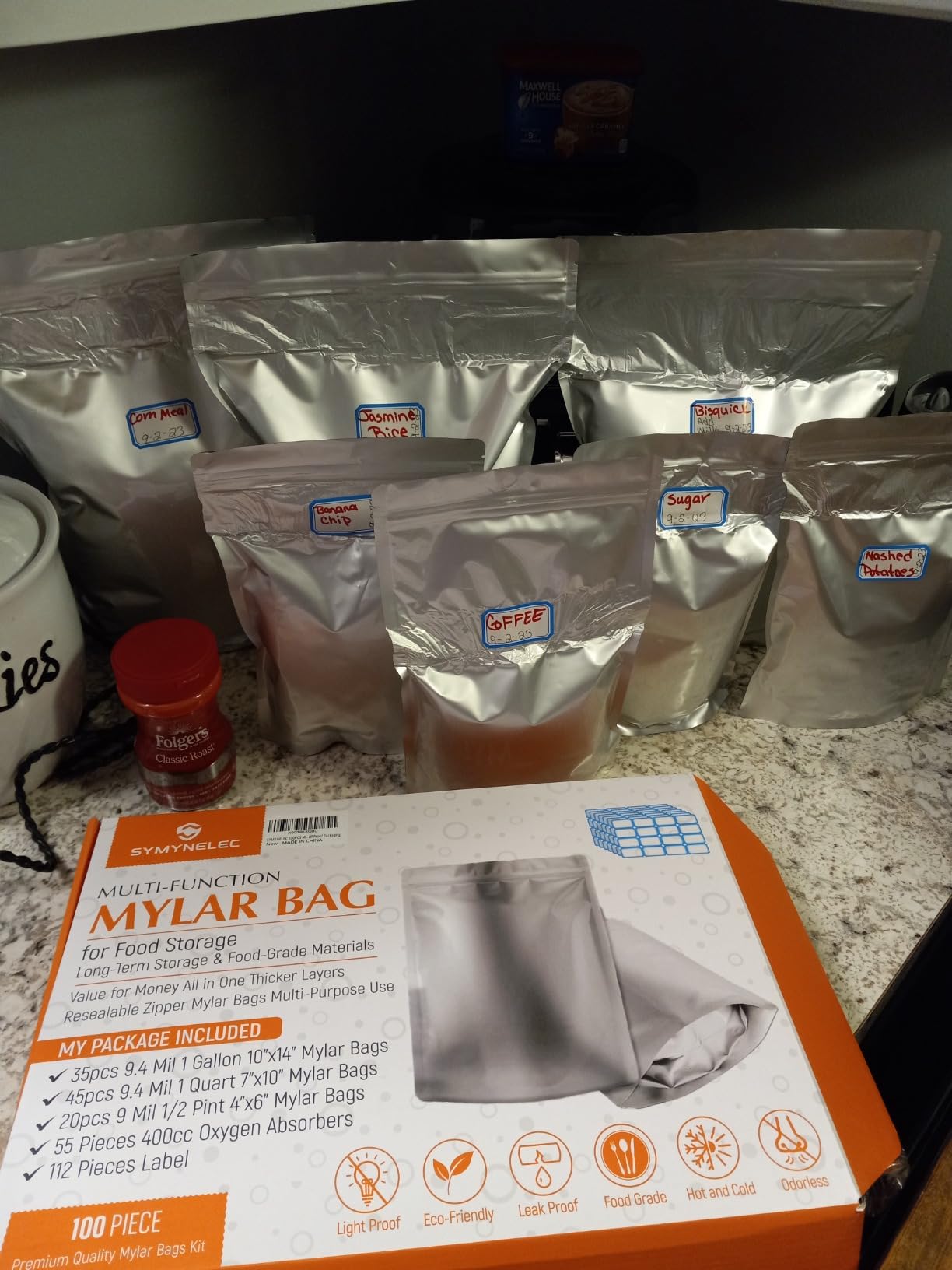 SYMYNELEC 100-Pack Mylar Bags with 400cc Oxygen Absorbers for Food Storage | 11.8 Mil Heavy Duty, 3 Sizes (1 Gallon, 1 Quart, 1/2 Pint), Stand-up Zipper, Resealable, Heat Sealable, Airtight, Smell Proof customer photo 1