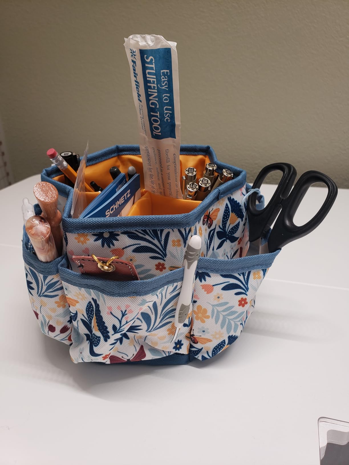 SINGER 360 Rotating Sewing Organizer Caddy, Butterfly Floral Desk Storage | 360-degree rotating desktop organizer with 4 padded compartments and 6 outer pockets; keeps thread, tools and notions handy customer photo 1