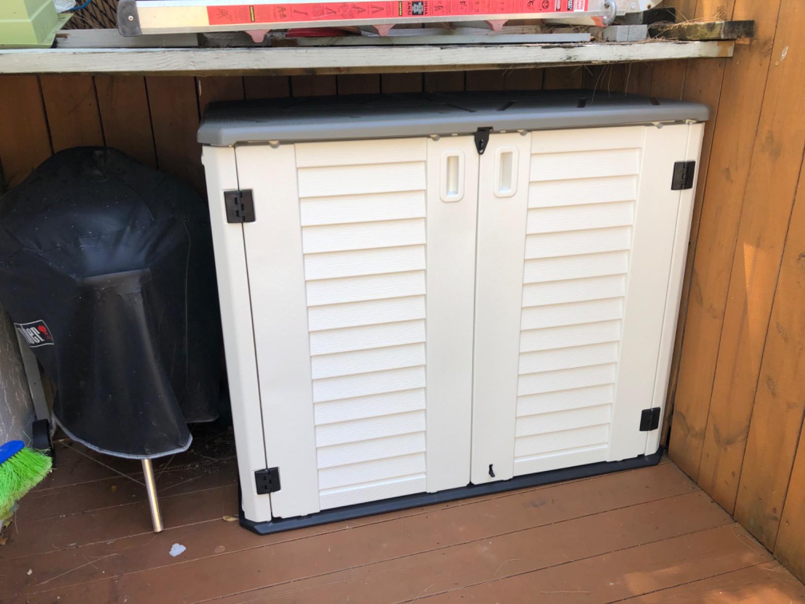 HOMSPARK Storage Shed Weather Resistance, Multi-Purpose Outdoor Storage Cabinet for Backyards and Patios, Horizontal Storage Shed for Lawnmower, Patio Accessories (Coffee, Large - 26 cu.ft) customer photo 1