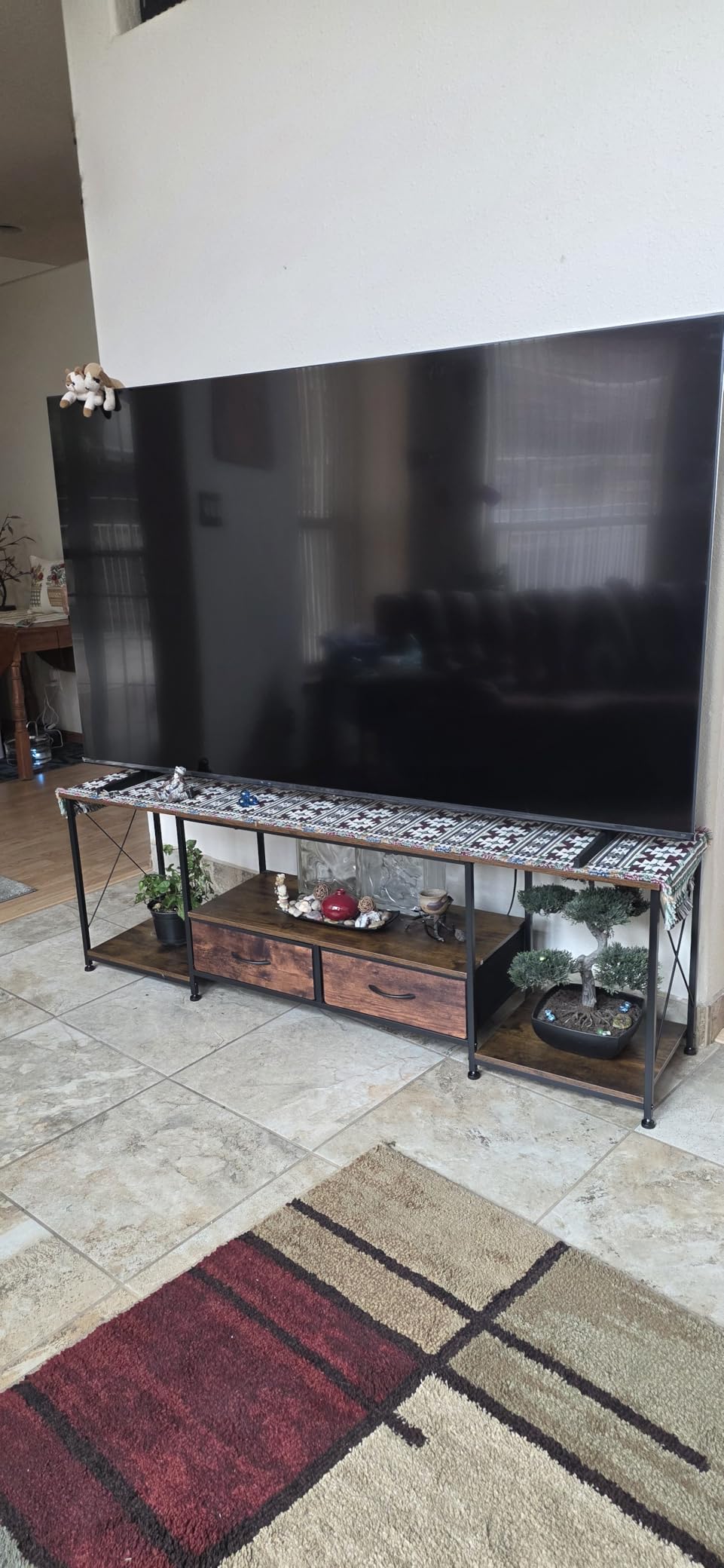 GYIIYUO TV Stand with Fabric Drawers for 65 70 75 Inches TV - Entertainment Center and Industrial TV Console Table with Open Storage Shelves for Living Room, Bedroom - 63