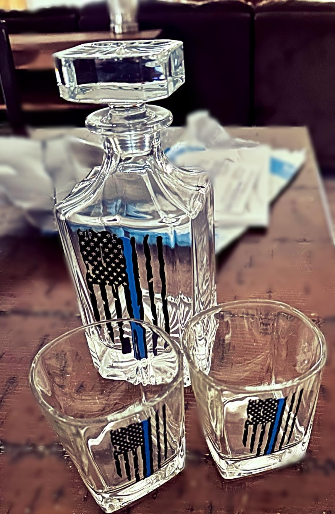 Rogue River Tactical Blue Line Tattered Flag Police Officer Whiskey Decanter Gift Set With 2 Glasses Custom Gift For Men Dad Father's Day PD Police Officer customer photo 1