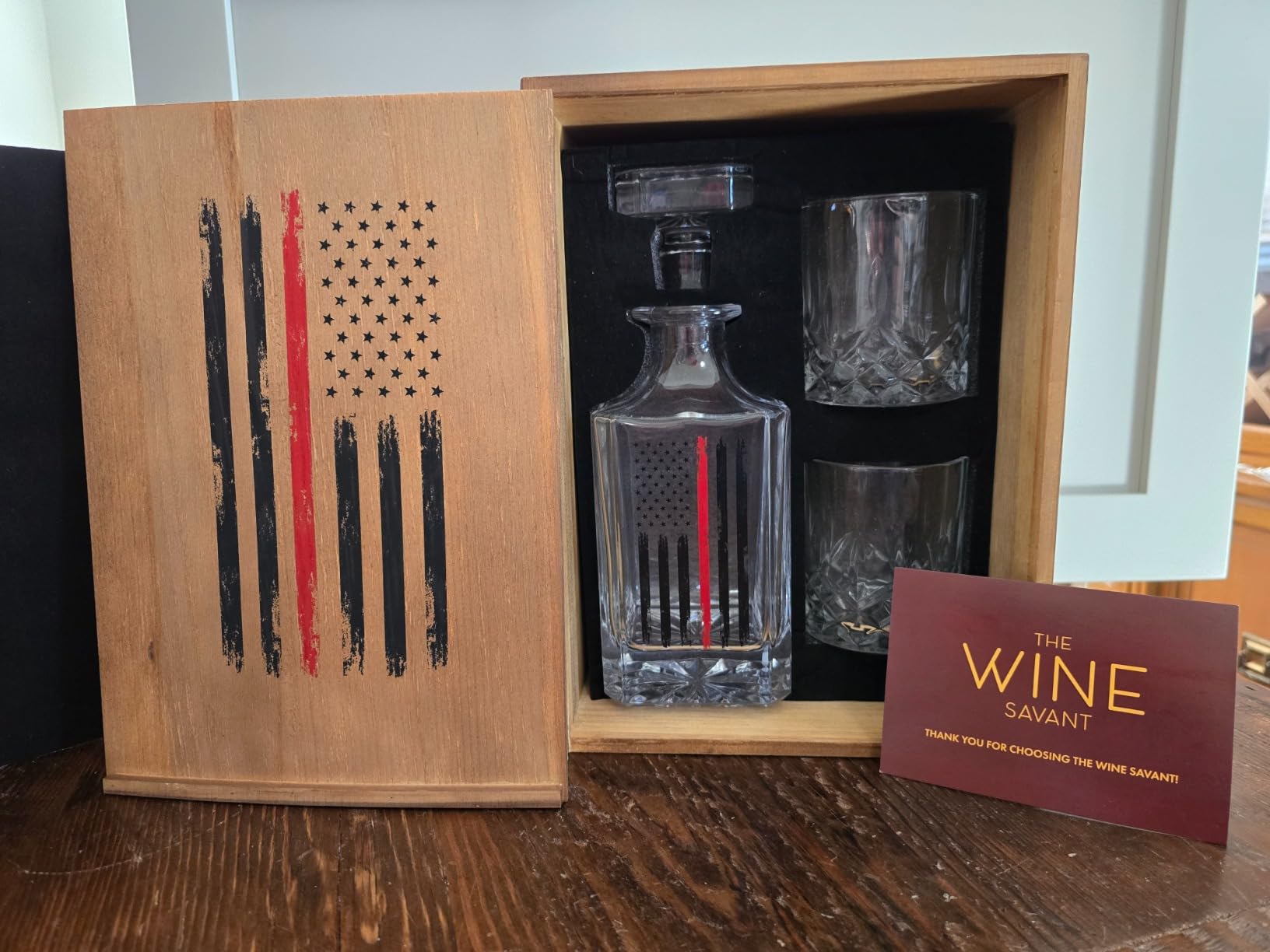Firefighter Tactical Red American Flag USA Whiskey Gift Set | 730mL Decanter & 2 Whiskey Glass + Wood Gift Box | Fire Fighter, Gifts, Wine Decanter Airtight, Fire Department FD, Men, Dad, Him customer photo 2