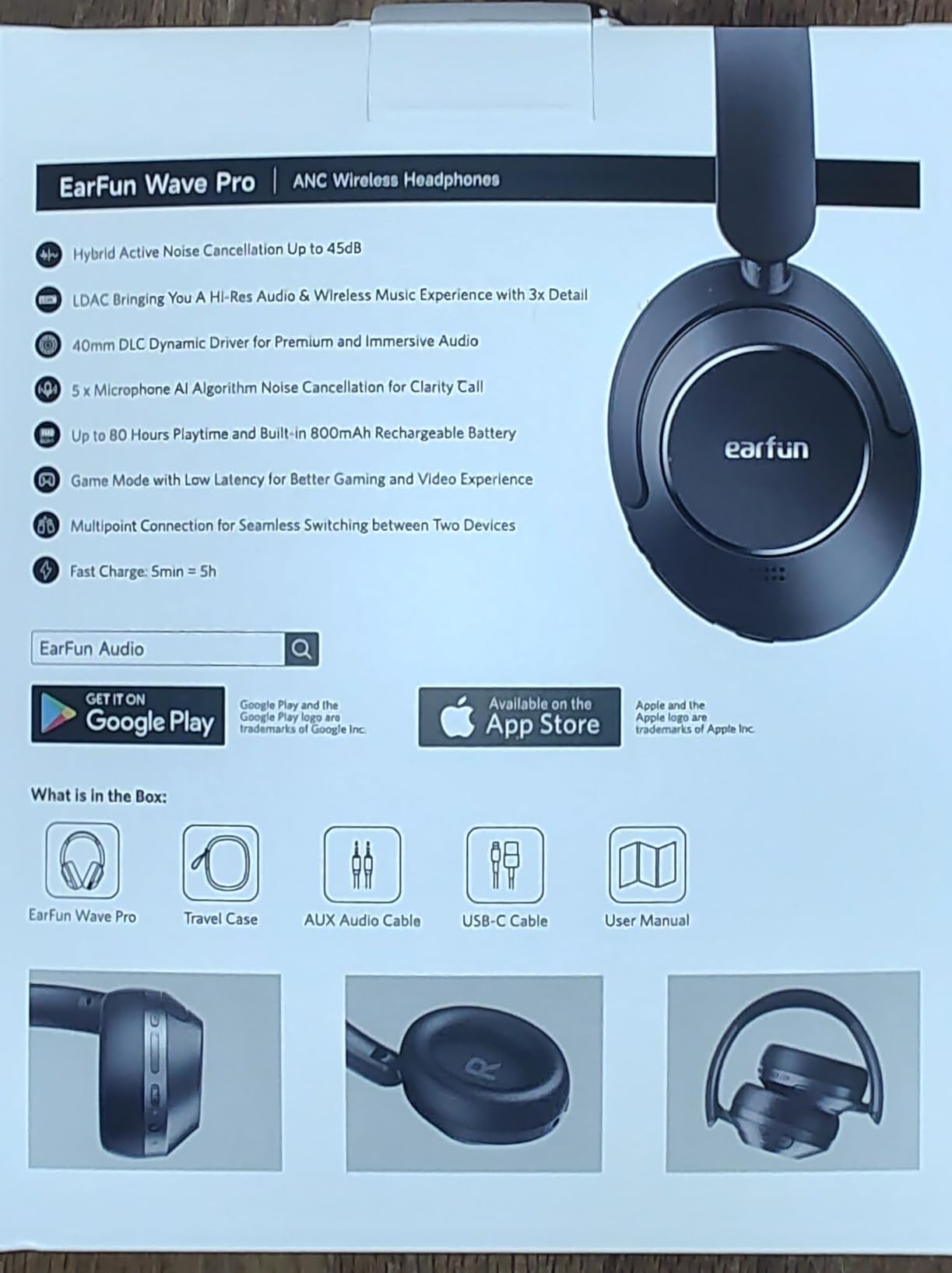 EarFun Wave Pro Active Noise Canceling Headphones, Wireless Over Ear Bluetooth Headphones, LDAC Hi-Res Sound, 5 Mics AI Clear Call, 80H Playtime, Multipoint Connection, Comfort Fit, Custom EQ via App, Black customer photo 1