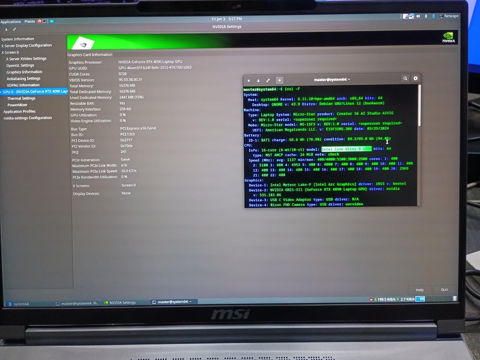 MSI Creator 16 AI Studio Laptop: Intel Ultra 9-185H, 16
