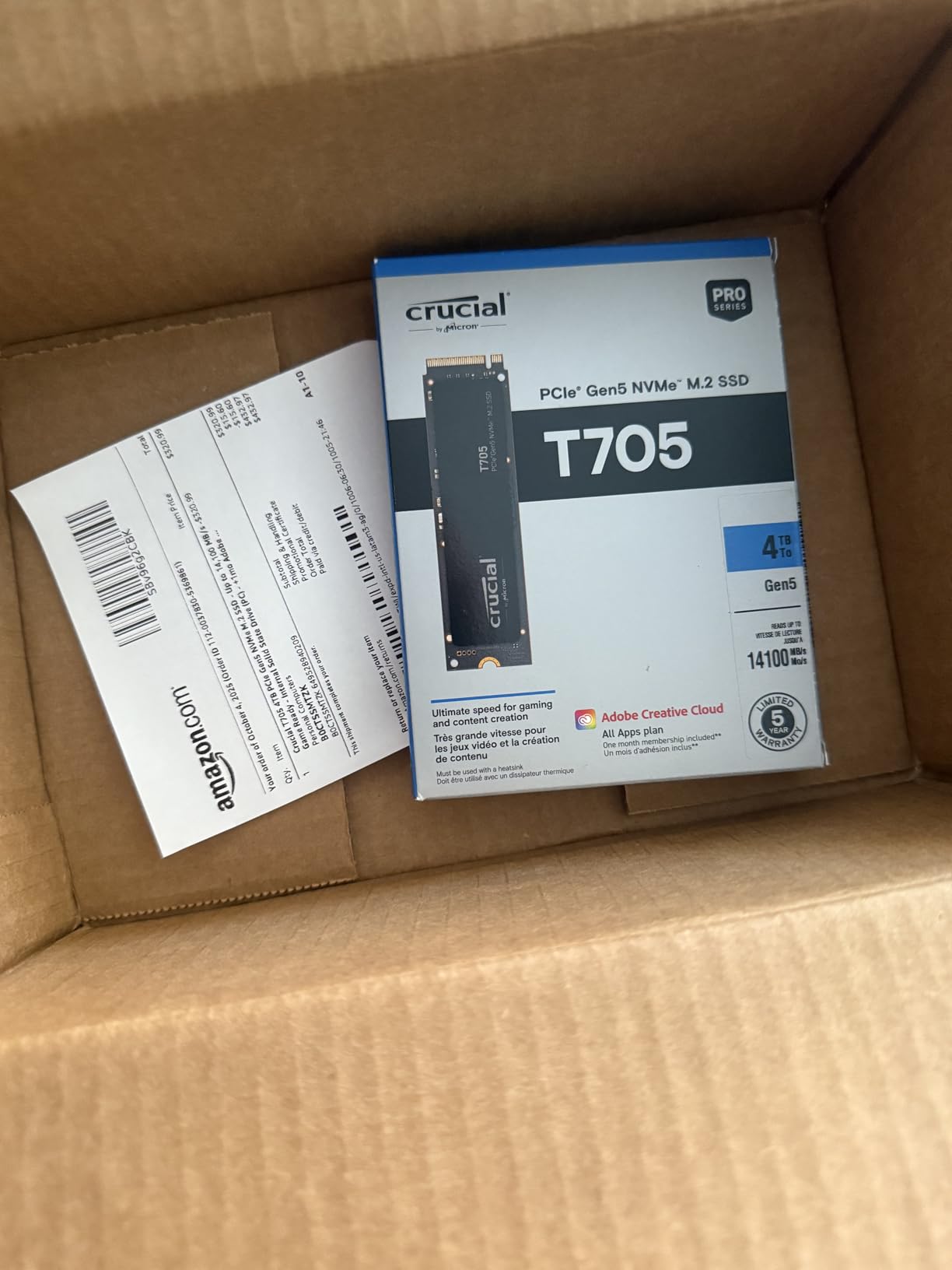 Crucial T705 PCIe Gen5 NVMe 1TB SSD, Up to 13,600MB/s, TLC NAND, Intel & Ryzen Compatible, for Hardcore Gaming & High-Speed Storage, Solid State Drive, Includes 1Mo Adobe CC - CT1000T705SSD3 customer photo 1