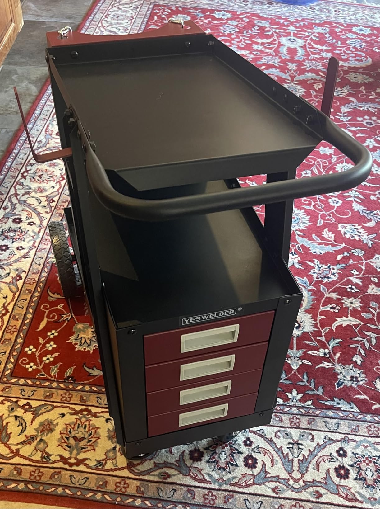 YESWELDER Welding Cart with 4 Red Drawers, Dual Cylinder Slots, 245 lb | Custom Steel-Plate Frame with Rust-Resistant Paint, 360° Swivel Casters, with Stainless Steel Safety Chains customer photo 1