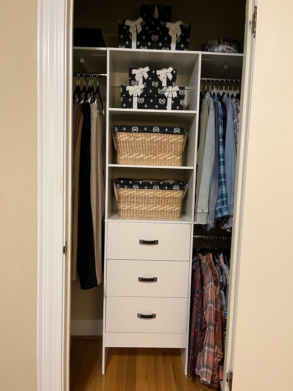 Besiost Closet System with Drawer - 8FT Wood Closet Organizer System with 3 Hanging Rods and Shelving Tower, 96