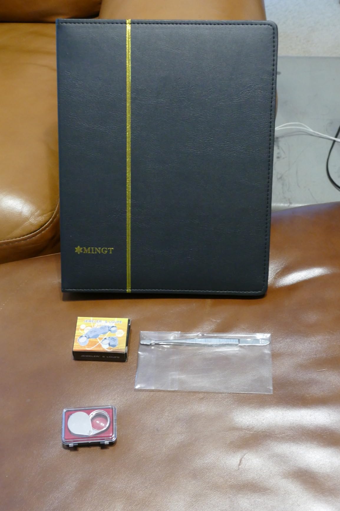 Lewtemi Stamp Collecting Album, 20 Pages, 1/2/3/4 Rows, Brownish Red | 4 Ring Binder with Tweezers Magnifier, Beginner Friendly Gift customer photo 1