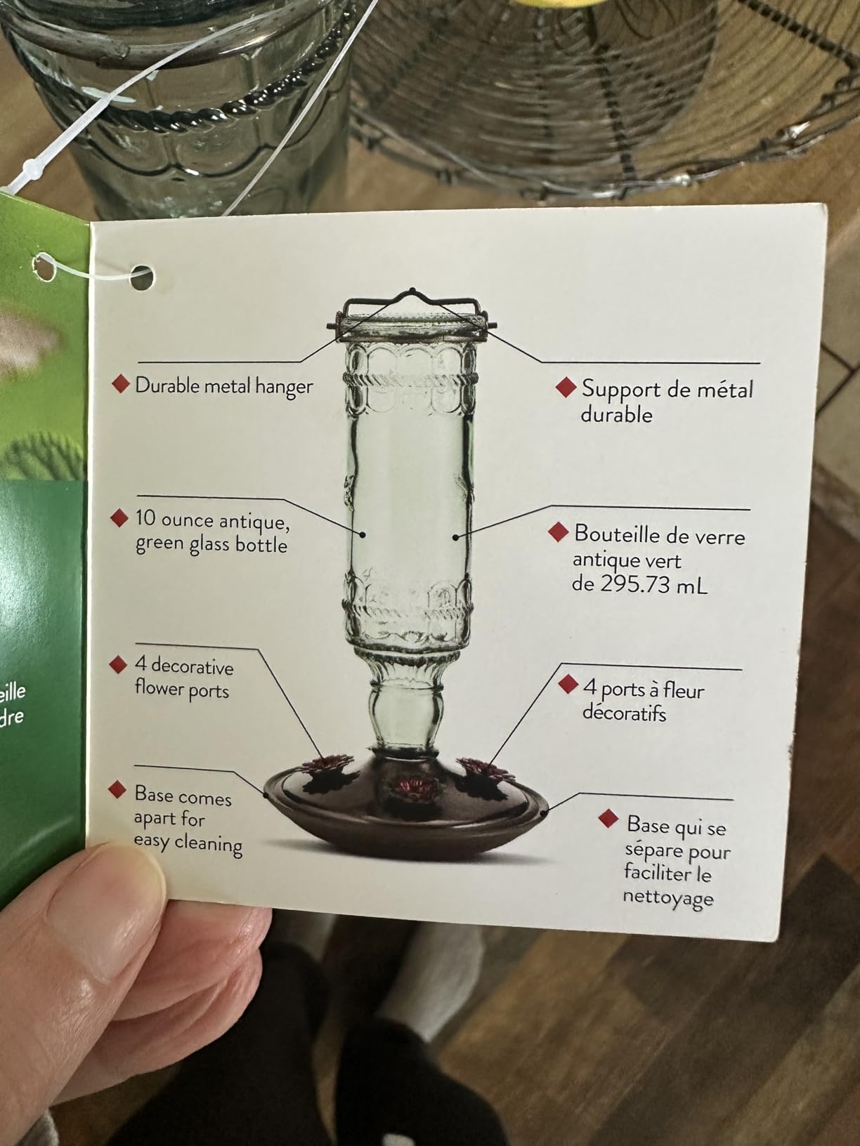 Perky-Pet Antique Glass Bottle Hummingbird Feeder, 10 oz Capacity, Green customer photo 2