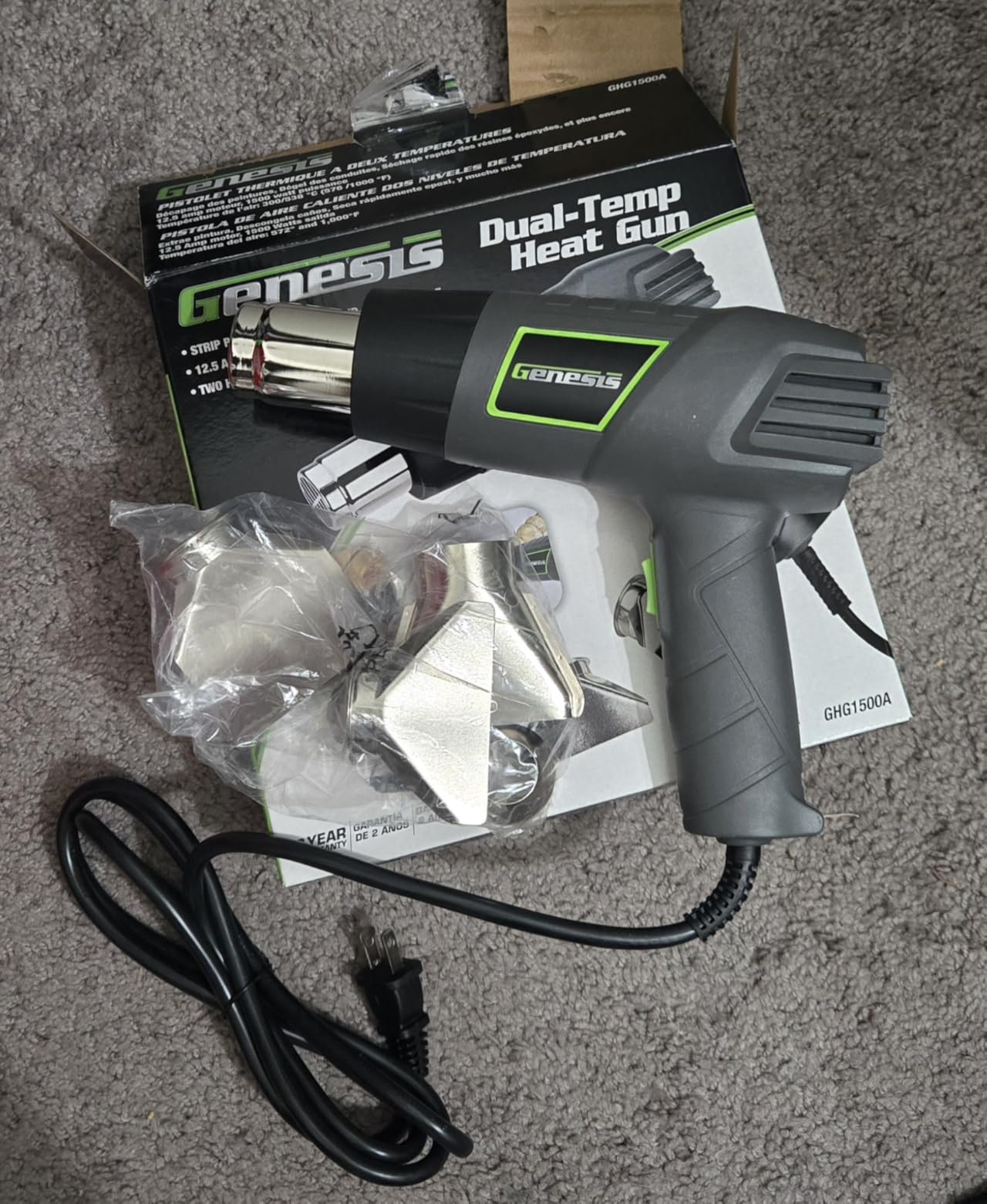 Genesis GHG1500A Dual Temperature Heat Gun Kit With Fast Heat High And Low Settings 572F/1000F, Air Reduction Nozzle, Reflector Nozzle, And Two Deflector Nozzles with 2 Year Warranty customer photo 1