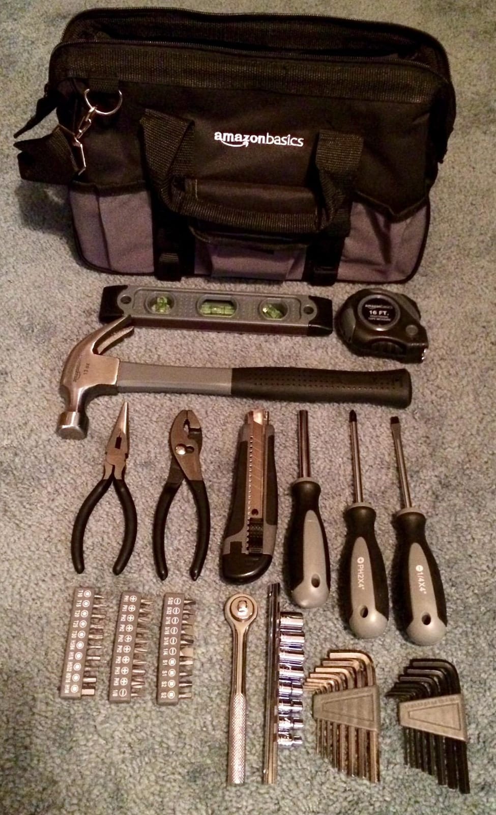 Amazon Basics 65 Piece Home Repair Tool Kit Set With Carrying Bag, Hand Tools, Socket Set, SAE and Metric, Silver, Black customer photo 1