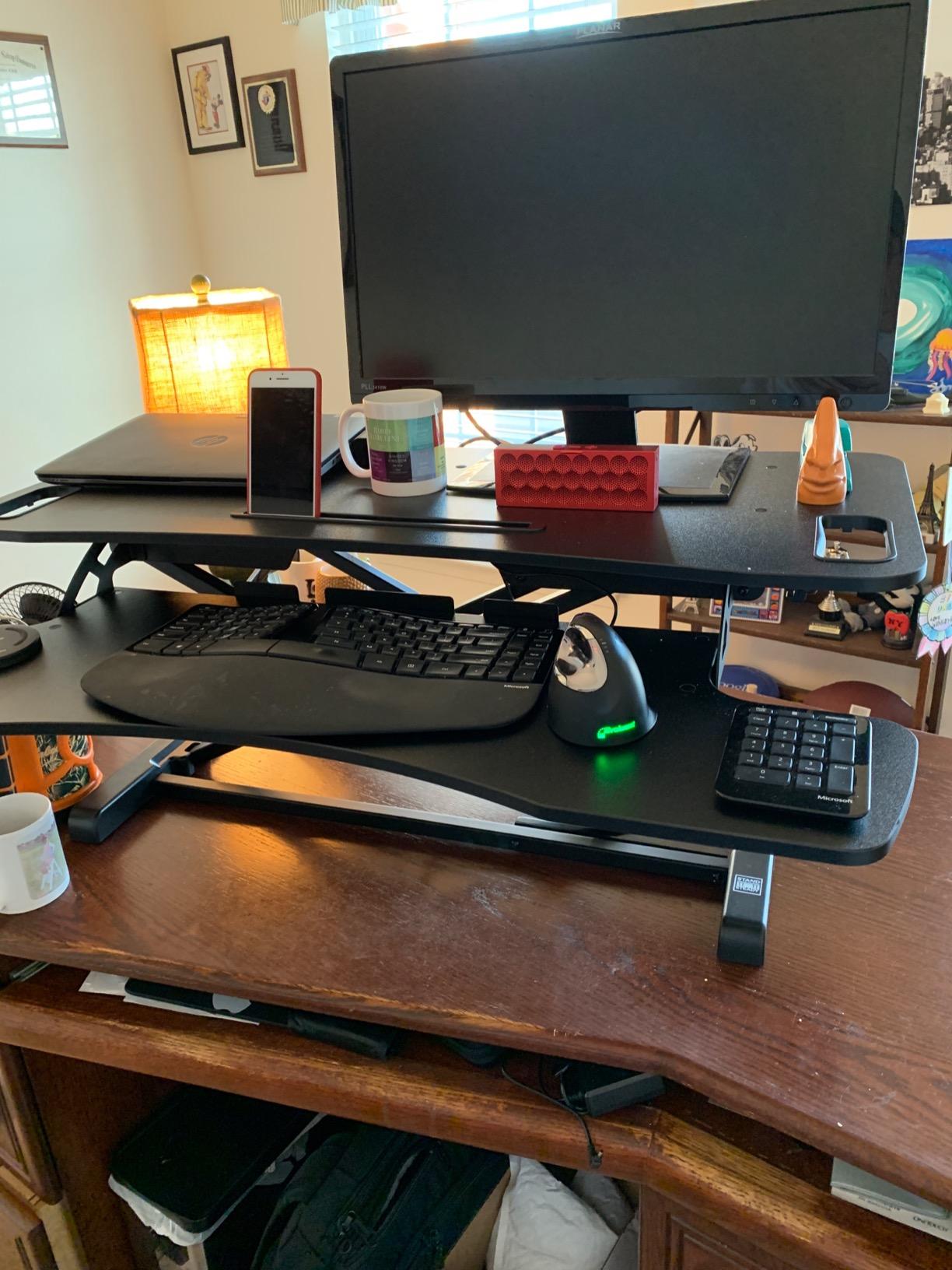 Flexpro Hero Corner Standing Height Adjustable 37 inch Desk Converter, for Cubicles & L-Shaped Desks, 2 Level Sit to Stand Workspace with Keyboard Shelf & Monitor Riser, (Black, 37 x 18 x 4.5 to 20) customer photo 2