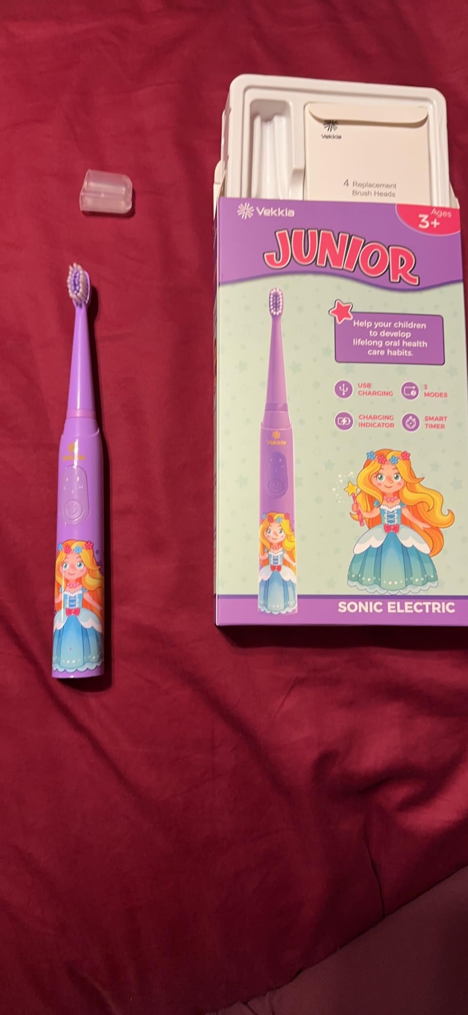 Vekkia Sonic Rechargeable Kids Electric Toothbrush (Blue) | 3 Modes with Memory, 24000 Strokes, IPX7 Waterproof, 2-Min Timer for Age 5+, 4 Soft Bristles customer photo 1