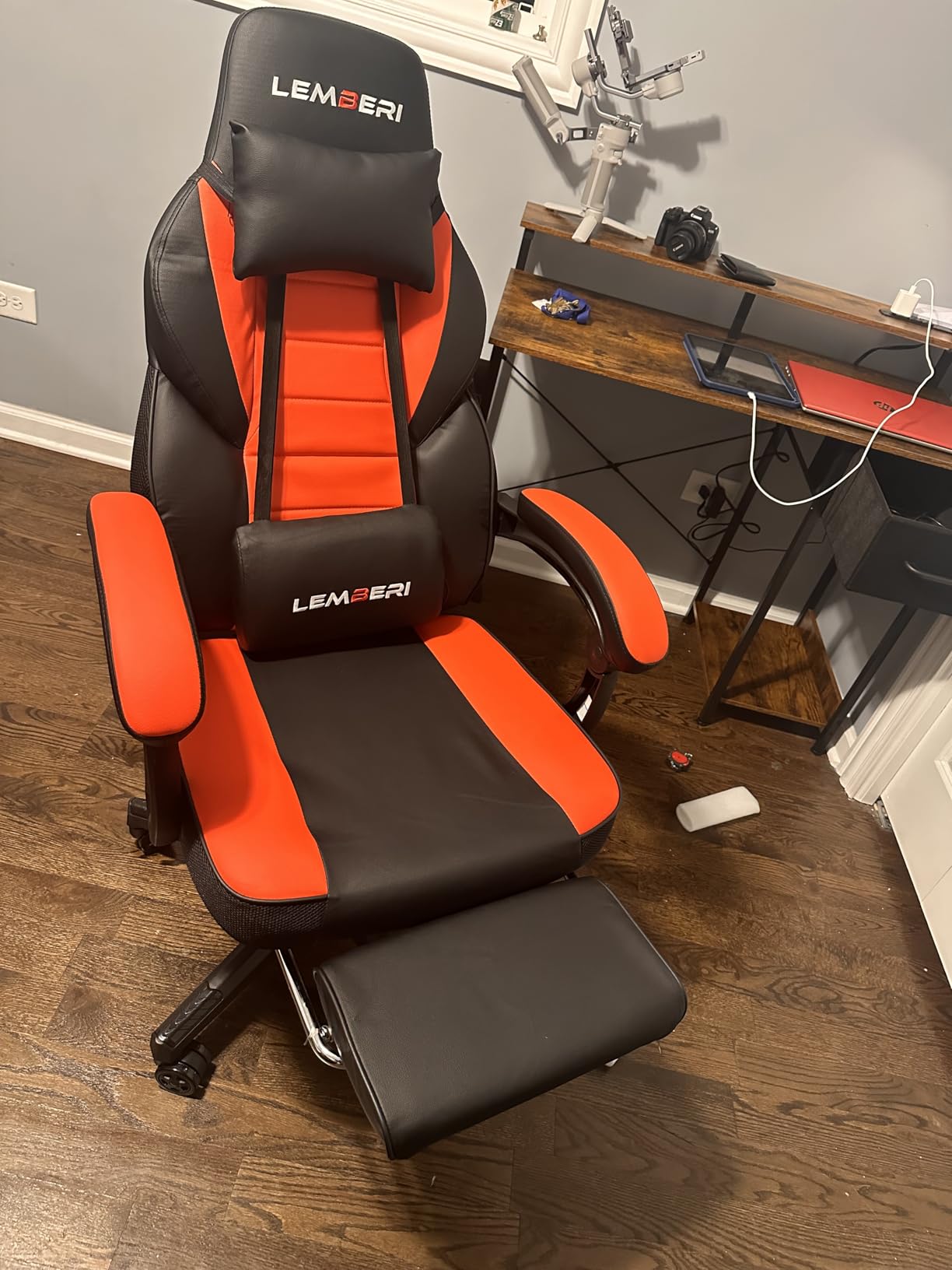LEMBERI Ergonomic Gaming Chair with Footrest, 400lb Weight Capacity, Gray | Big and tall racing style computer video game chair for adults, PU leather with headrest and lumbar support customer photo 1