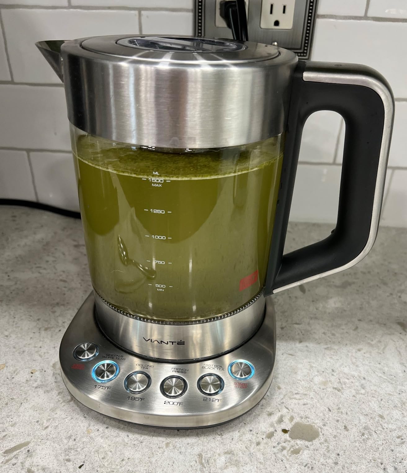 Viante Alba Electric Tea Kettle With Infuser, No Plastic, 1.5L | Borosilicate glass & 304 stainless steel construction. 4 temp presets, keep-warm, cordless, auto shut-off customer photo 2