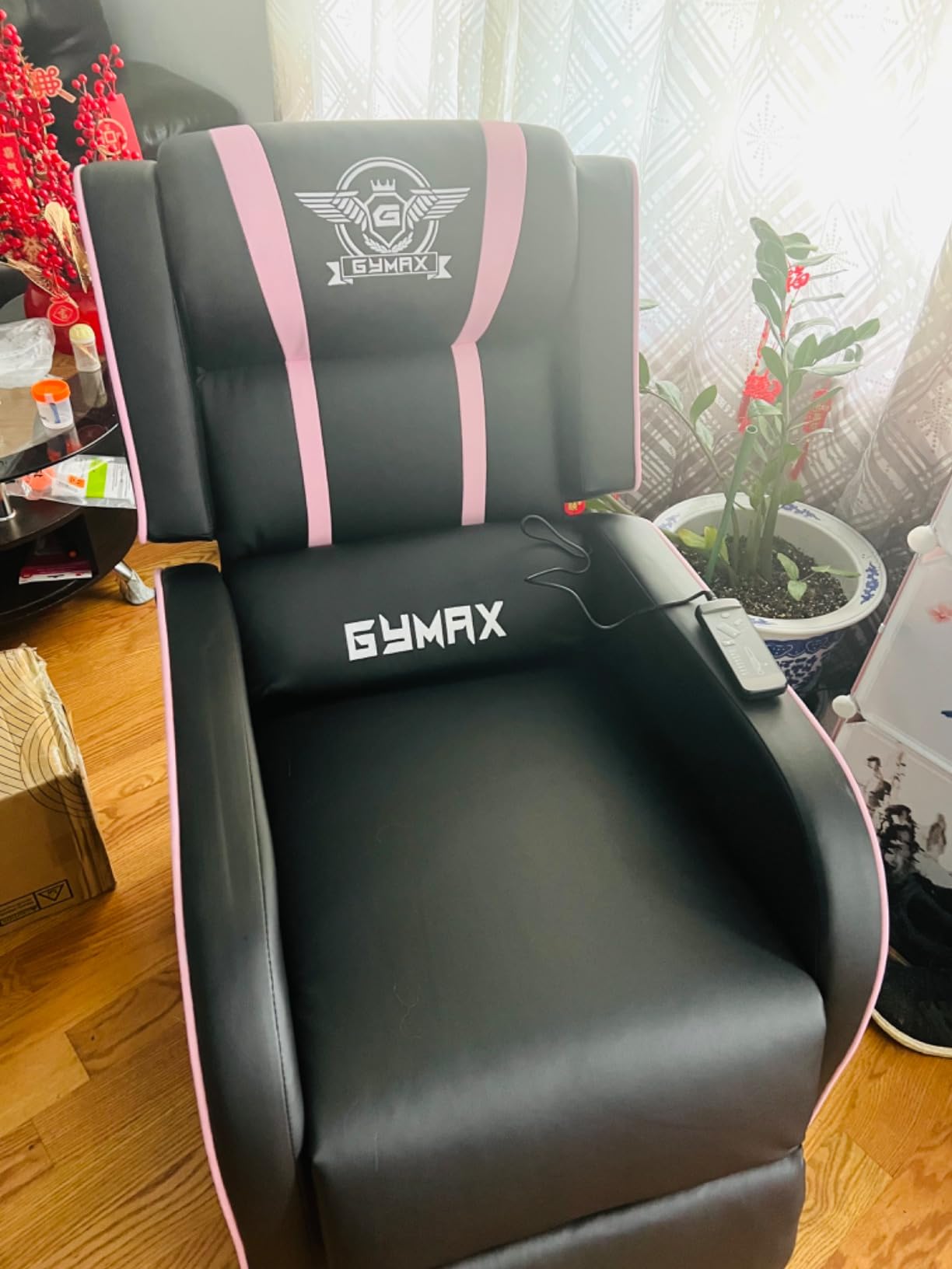GYMAX Gaming Recliner, Massage Gaming Chair with Adjustable Footrest, Remote Control & Side Pocket, Ergonomic Game Lounge Chair, Racing Style Single Theater Seat Game Sofa for Adults (Red) customer photo 1