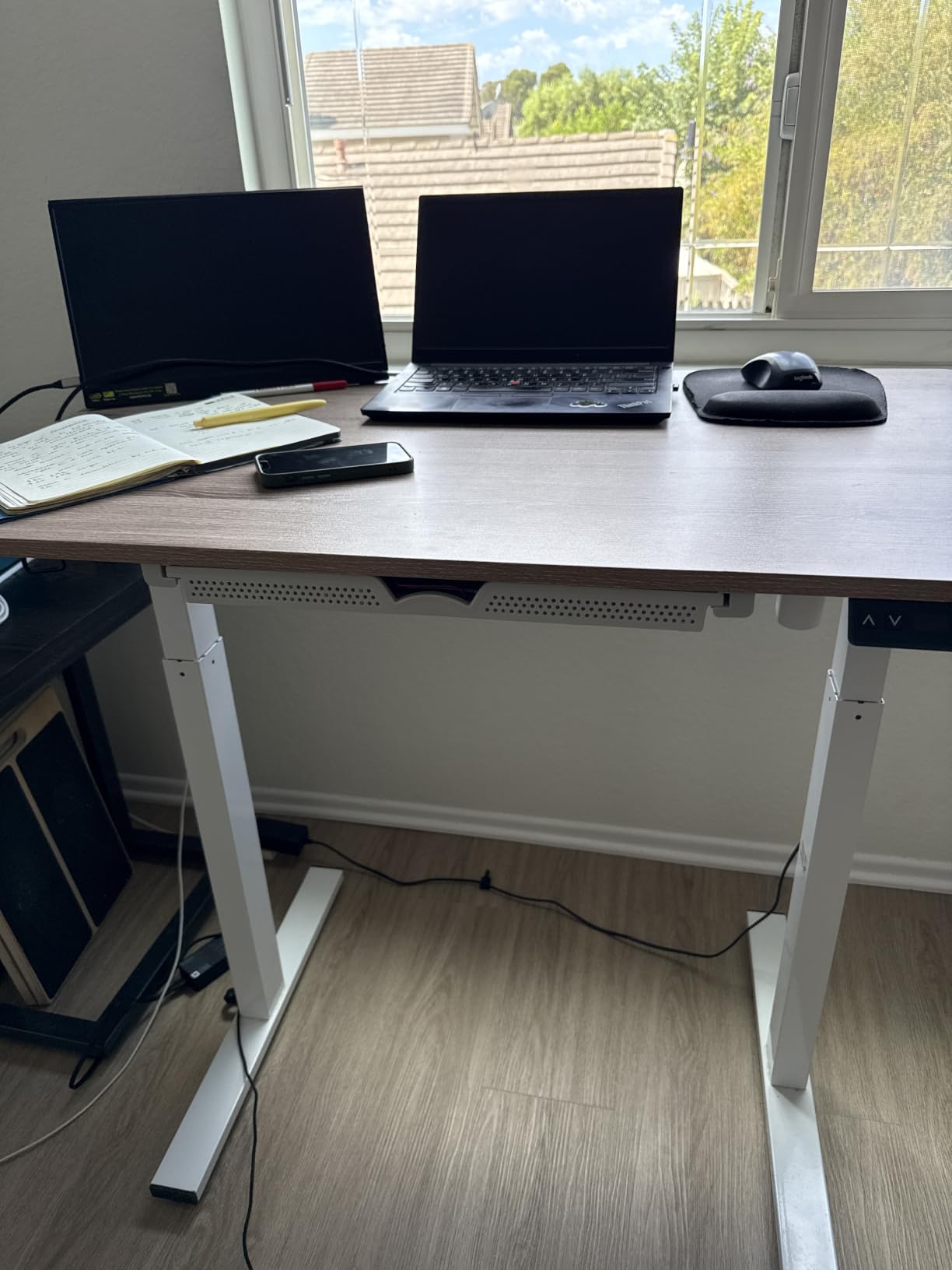 SHW 55 x 28 Electric Height Adjustable Standing Desk w/Drawer, Walnut customer photo 1