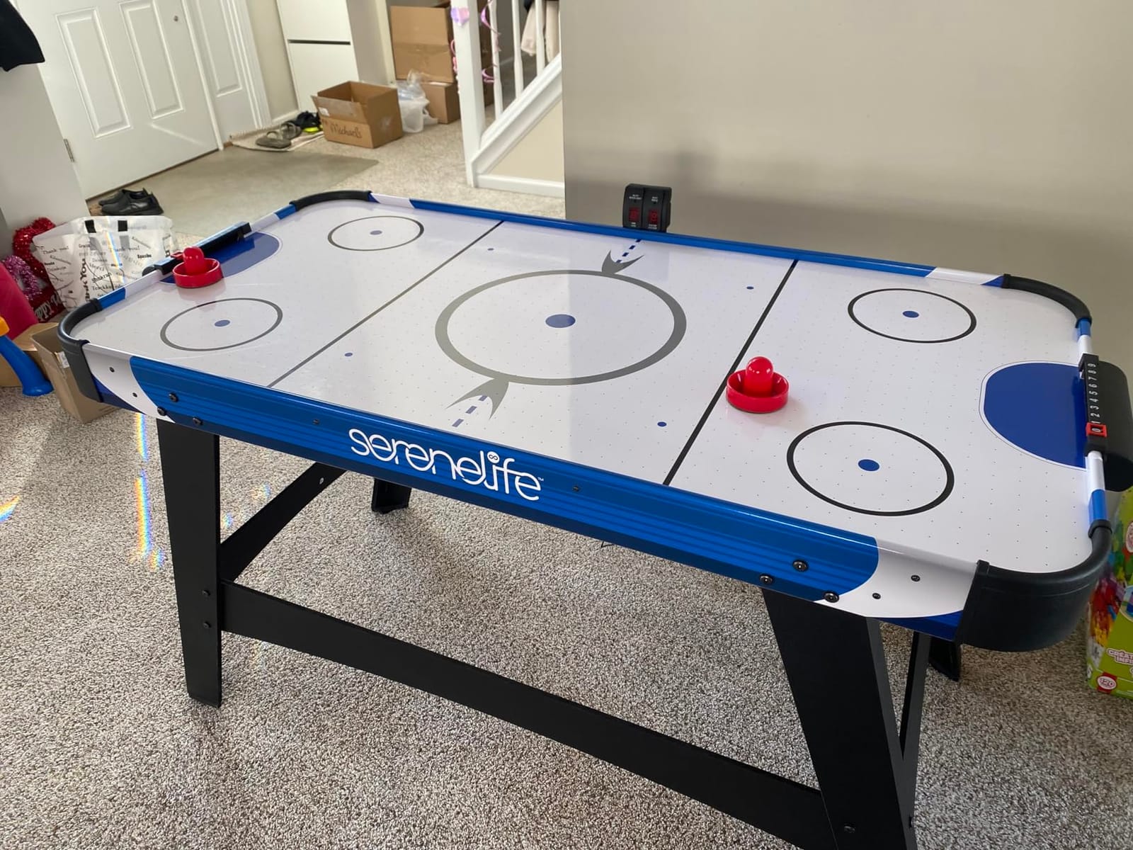 SereneLife 58in Powered Air Hockey Table Upgraded 700mA 12v 2X Powerful Motor, 4 Player 4 Pucks 2 Pushers, Full-Size Arcade Style, Inline Power Switch and Battery Free Digital LED Score Board customer photo 2