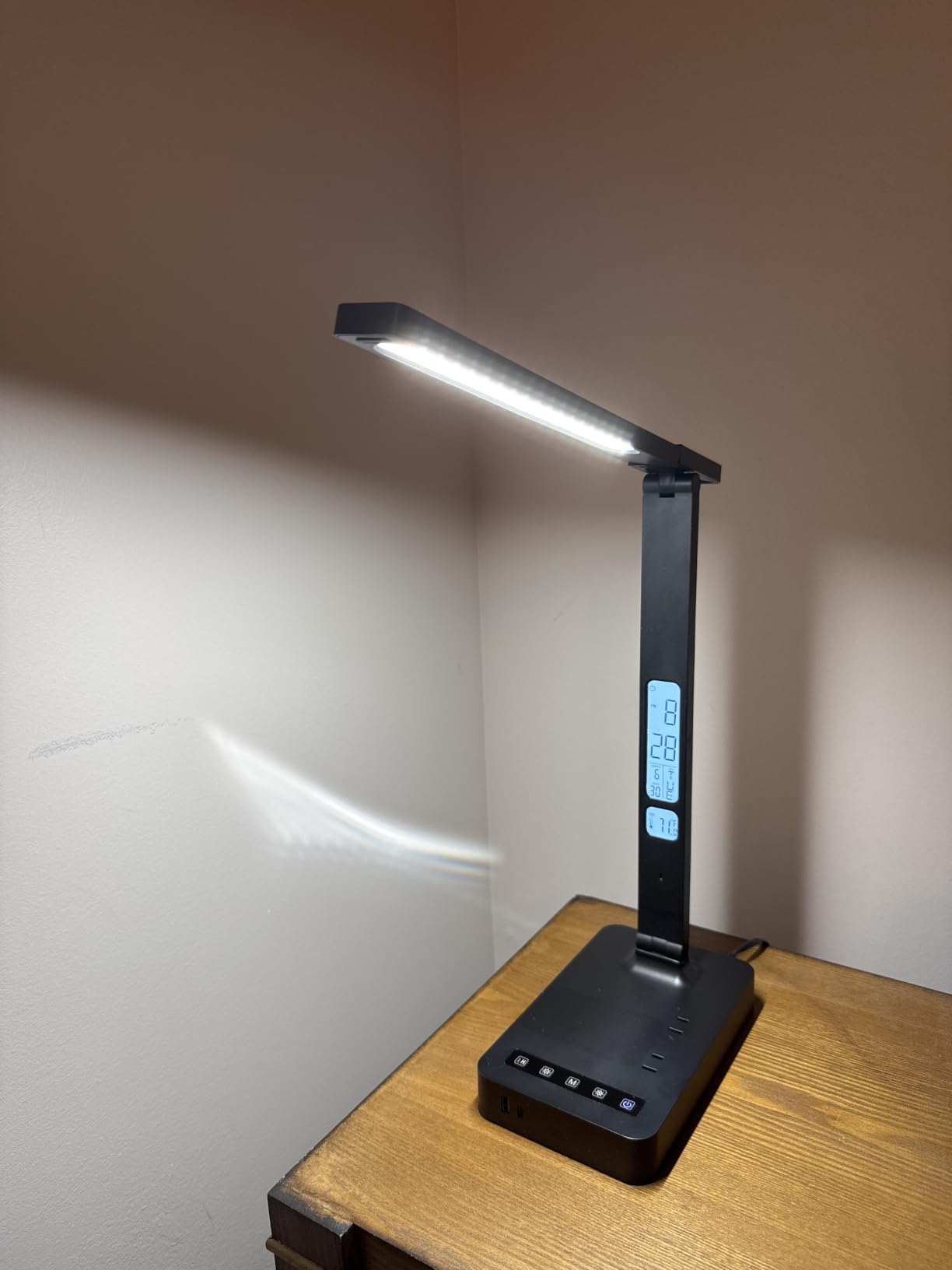 snsok Desk Lamp with Wireless Charger, USB Charging Port, Dimmable Office Desk Light with Clock, Alarm, Date, Temperature, Foldable Lamp for Table Bedroom Bedside Office (White) customer photo 2