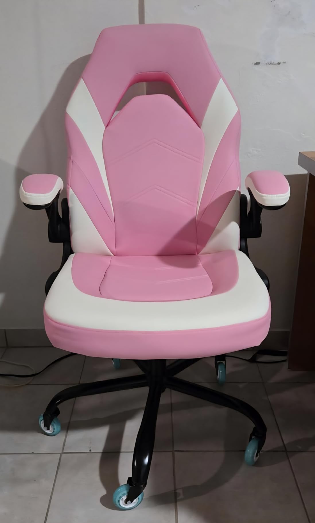Sweetcrispy Gaming Chair, Lumbar Support Home Office Computer Chair | PU Leather, Flip-up Armrest, Swivel Wheels, Height Adjustable, Video Racing, Red customer photo 2