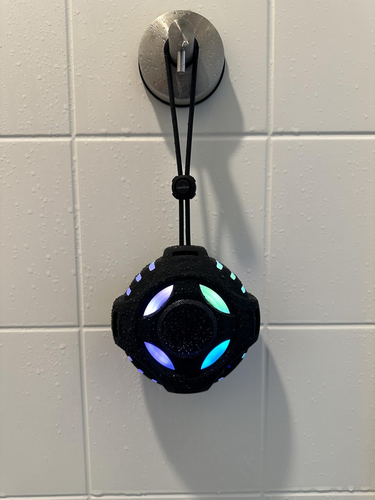comiso Bluetooth Shower Speaker, IPX7 Waterproof Speaker with Robust Bass, Portable Speaker with LED Light, Floating, Stereo Sound, 2000mAh, Lanyard, Great for Kayak, Travel, Beach, Gift for All Ages customer photo 2